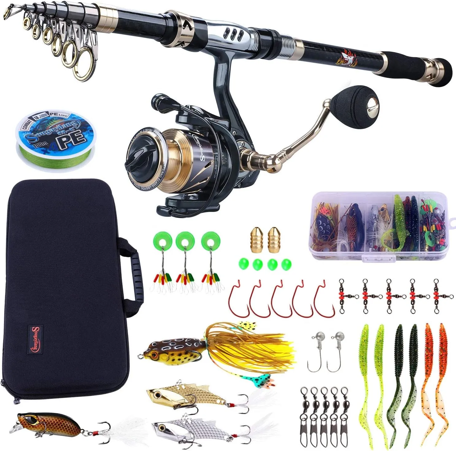  1 BB Fishing Full Stainless Fishing Reel 13 Reel with and Waterproof International tracking Steel Spinning Shielded Kit Combos Rod Suitcase Kit, Fiber Fishing Telescopic Pole, Bearings Carbon