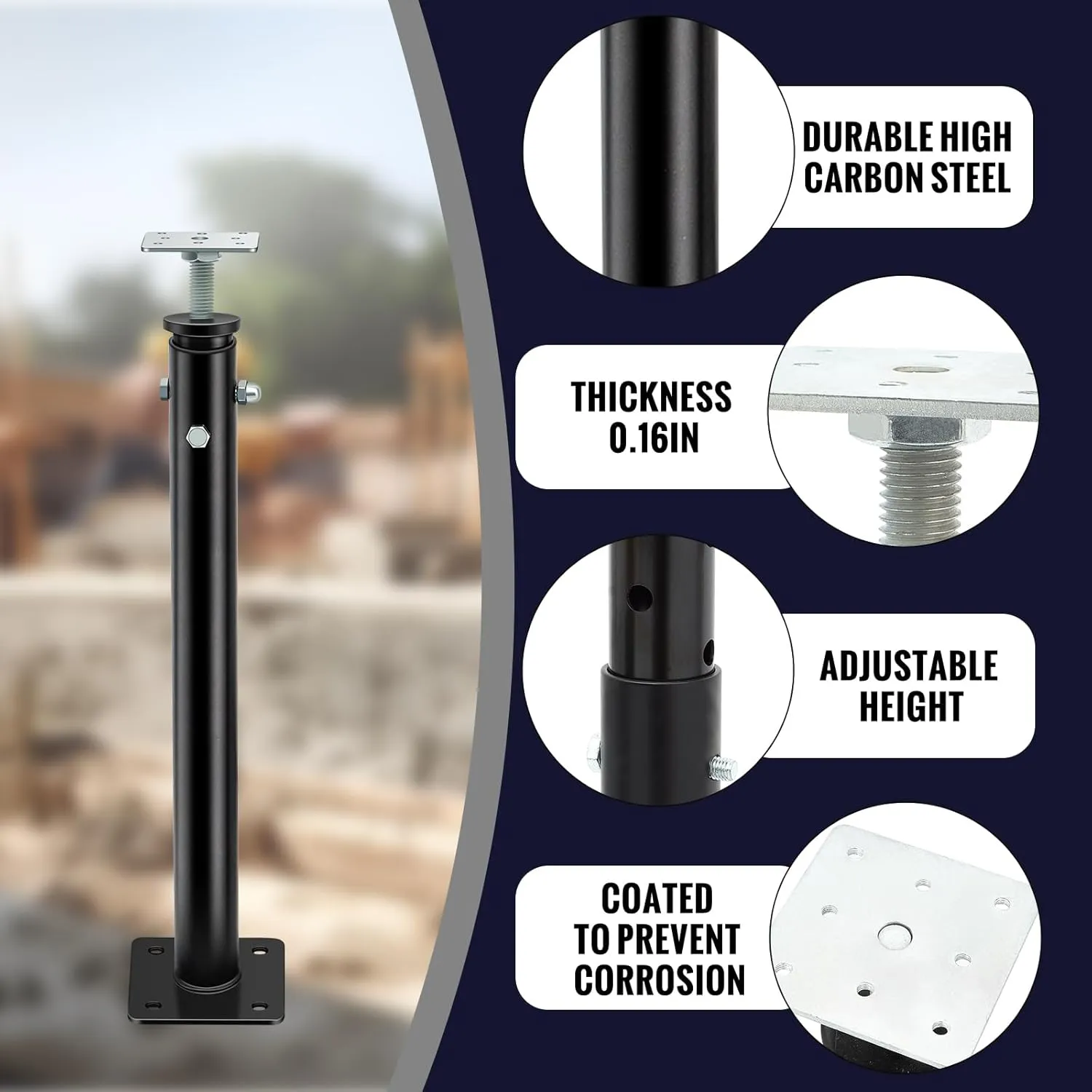 1 Pack Adjustable Jack Post Steel Floor Jack Floor Support Jack Pole Jack for Porch Roof Deck Heavy Load Areas, 23.23"-43.31" Adjustable Height, Black