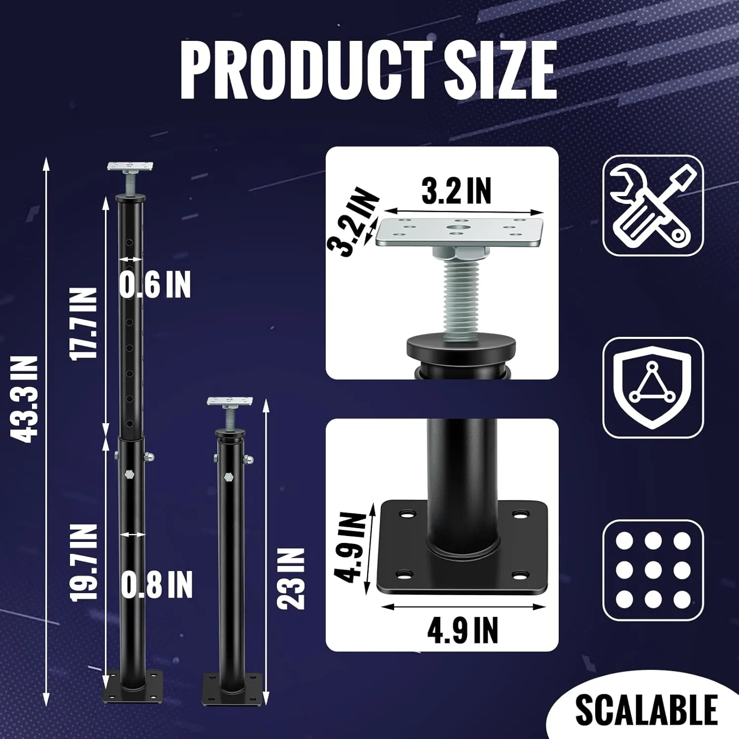1 Pack Adjustable Jack Post Steel Floor Jack Floor Support Jack Pole Jack for Porch Roof Deck Heavy Load Areas, 23.23"-43.31" Adjustable Height, Black