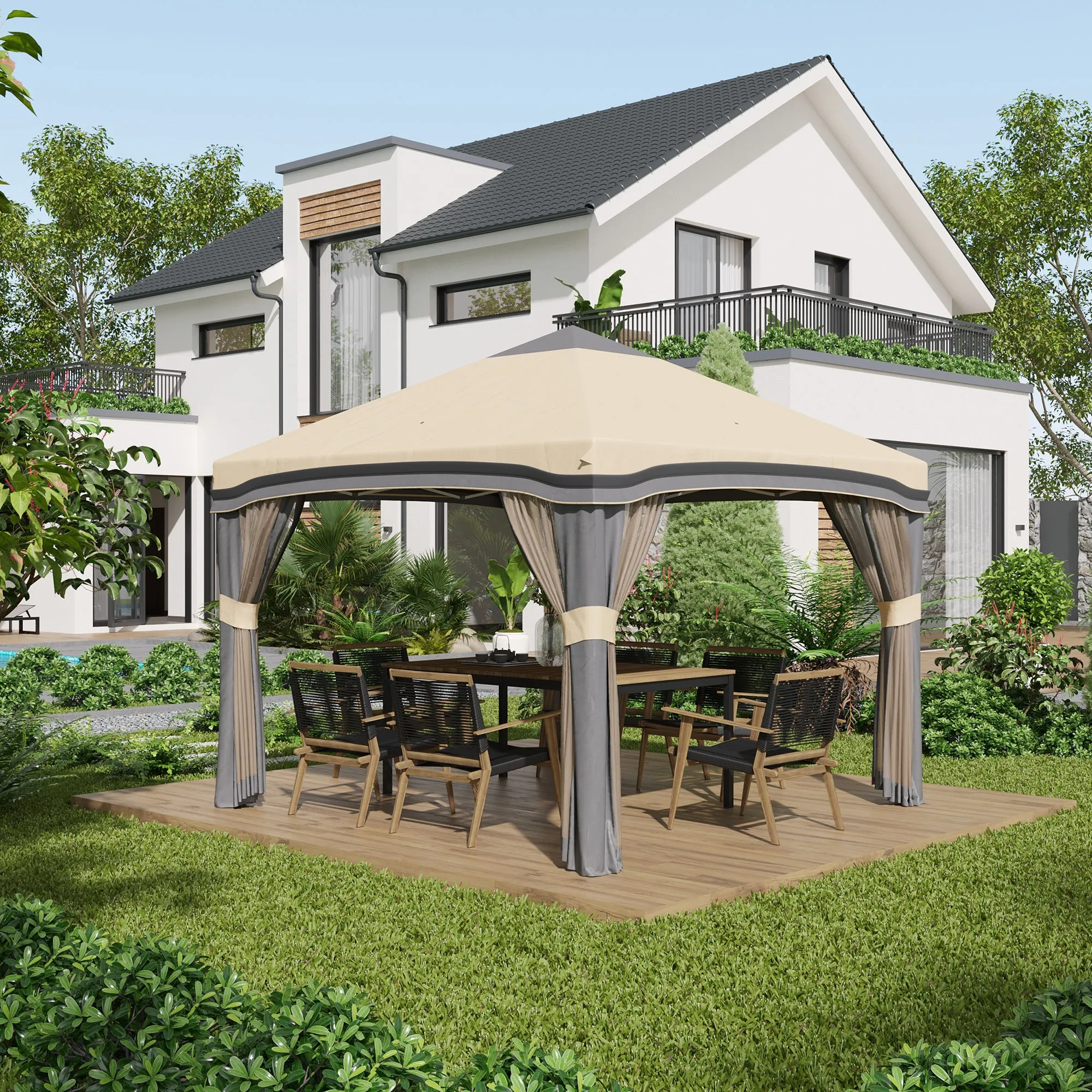 10' x 10' Adjustable Pop Up Canopy Tent with Netting, Wheeled Carry Bag, Sand Bags, Beige