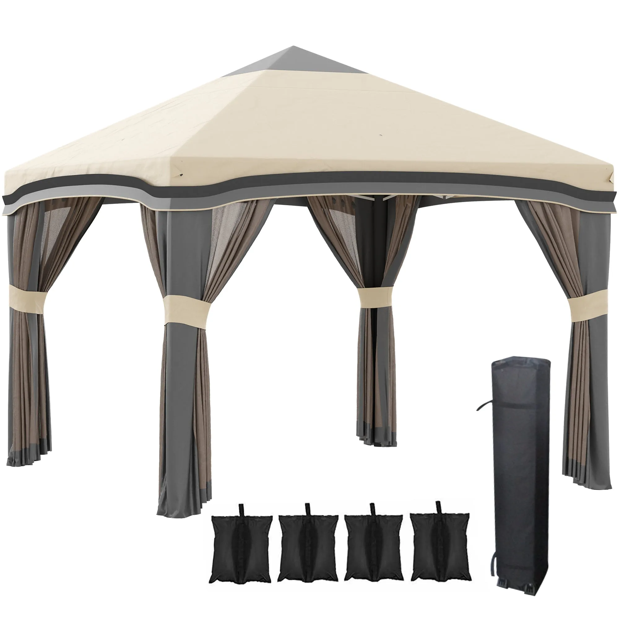 10' x 10' Adjustable Pop Up Canopy Tent with Netting, Wheeled Carry Bag, Sand Bags, Beige