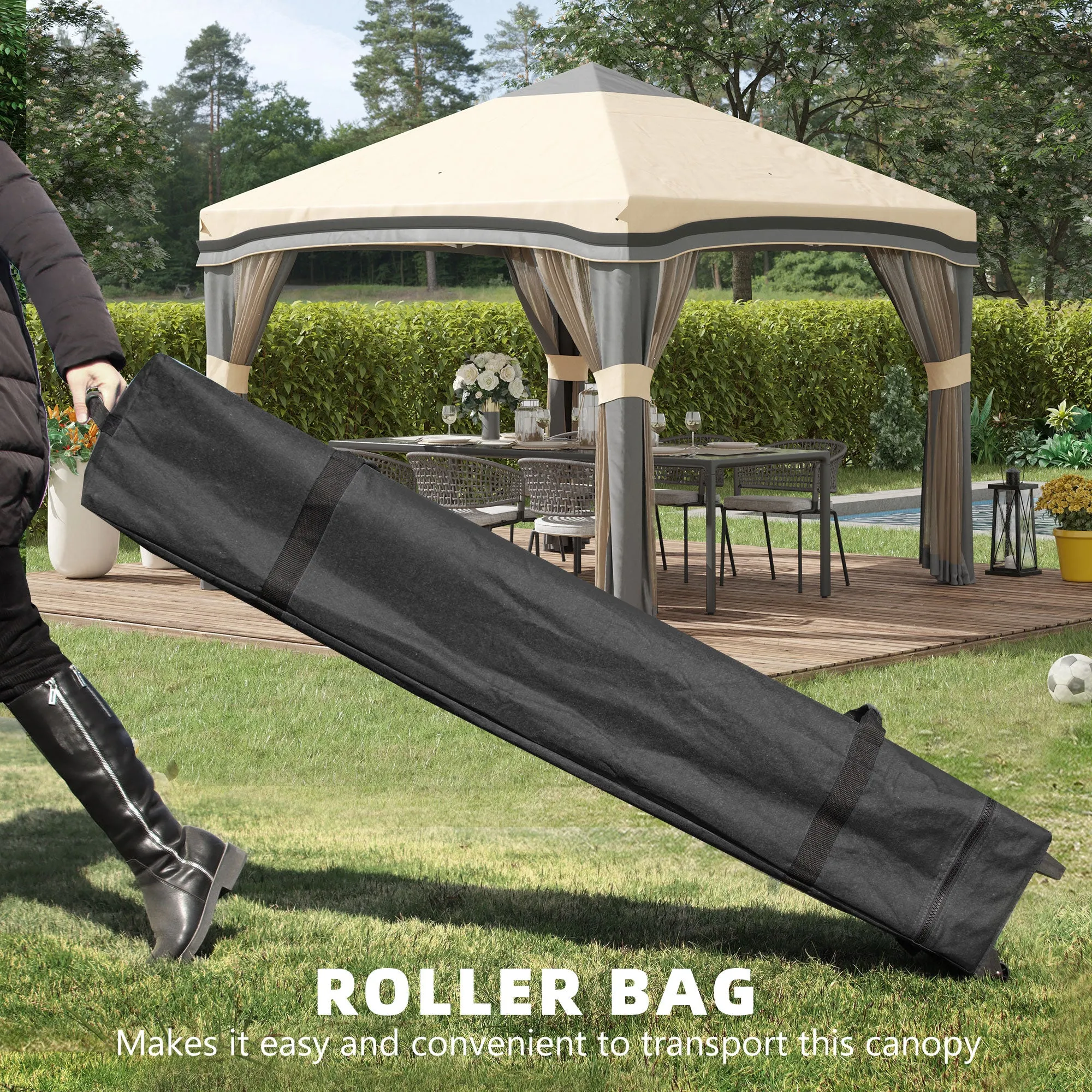 10' x 10' Adjustable Pop Up Canopy Tent with Netting, Wheeled Carry Bag, Sand Bags, Beige