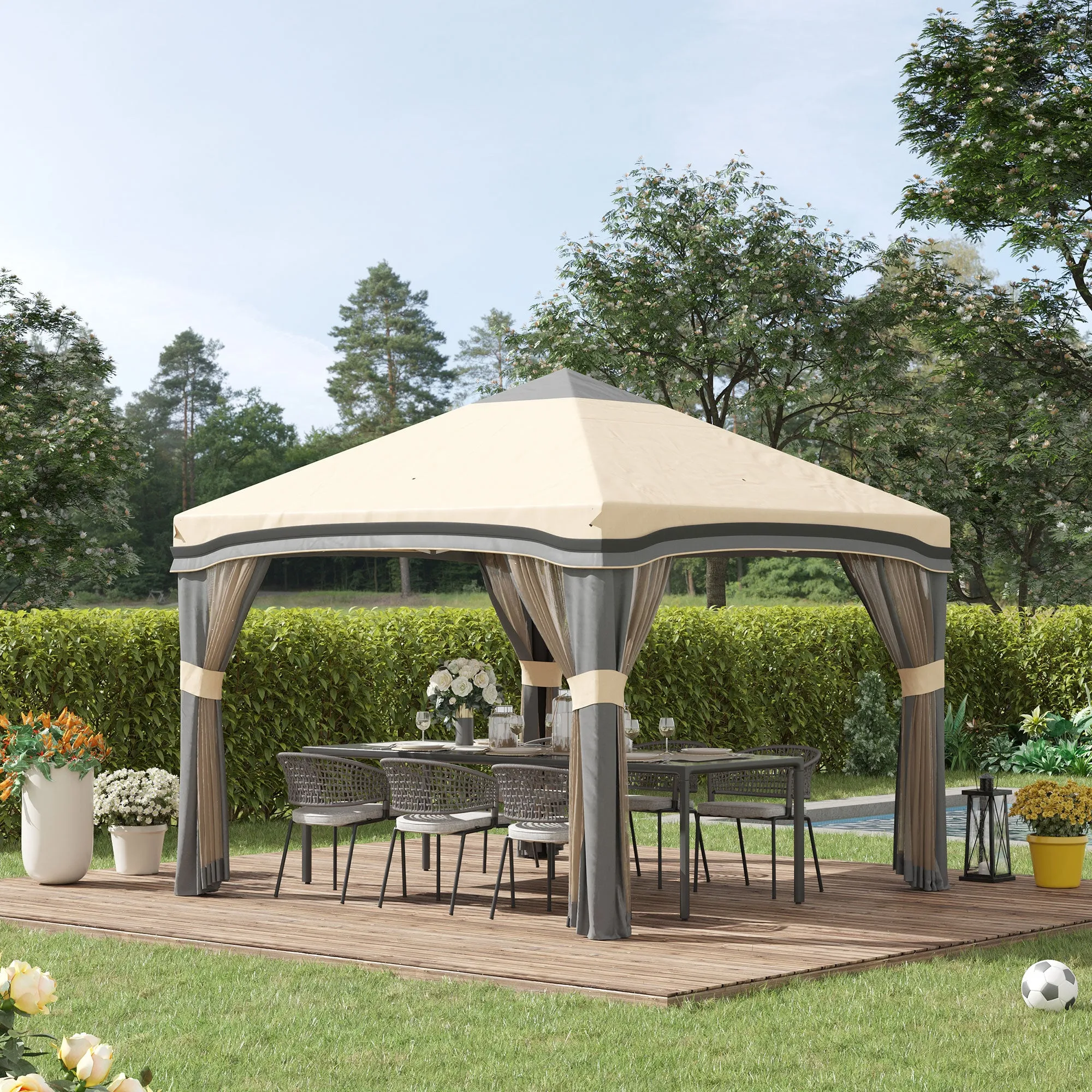 10' x 10' Adjustable Pop Up Canopy Tent with Netting, Wheeled Carry Bag, Sand Bags, Beige