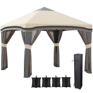 10' x 10' Adjustable Pop Up Canopy Tent with Netting, Wheeled Carry Bag, Sand Bags, Beige