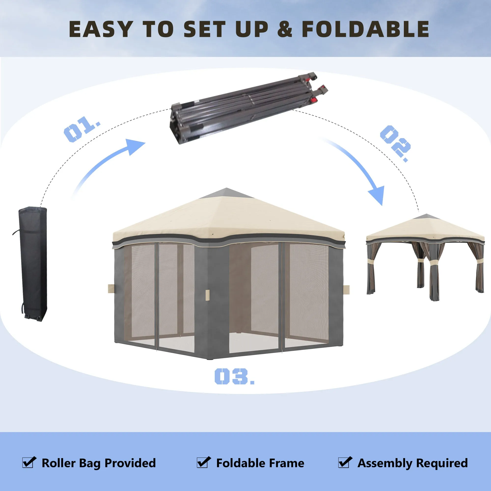 10' x 10' Adjustable Pop Up Canopy Tent with Netting, Wheeled Carry Bag, Sand Bags, Beige