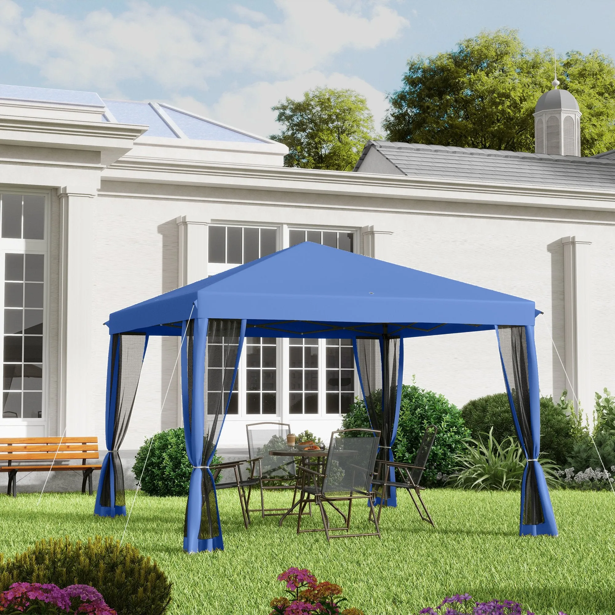 10' x 10' Pop-Up Canopy Tent with Netting, Carry Bag & Adjustable Height, Blue