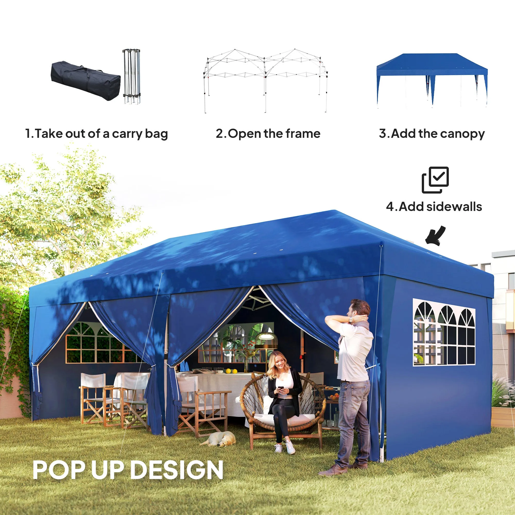 10' x 20' Pop Up Canopy with 6 Walls, Outdoor Easy Up Canopy Party Tent with Steel Frame, Drainage Holes, Instant Garden Shade Shelter with Carrying Bag, Blue