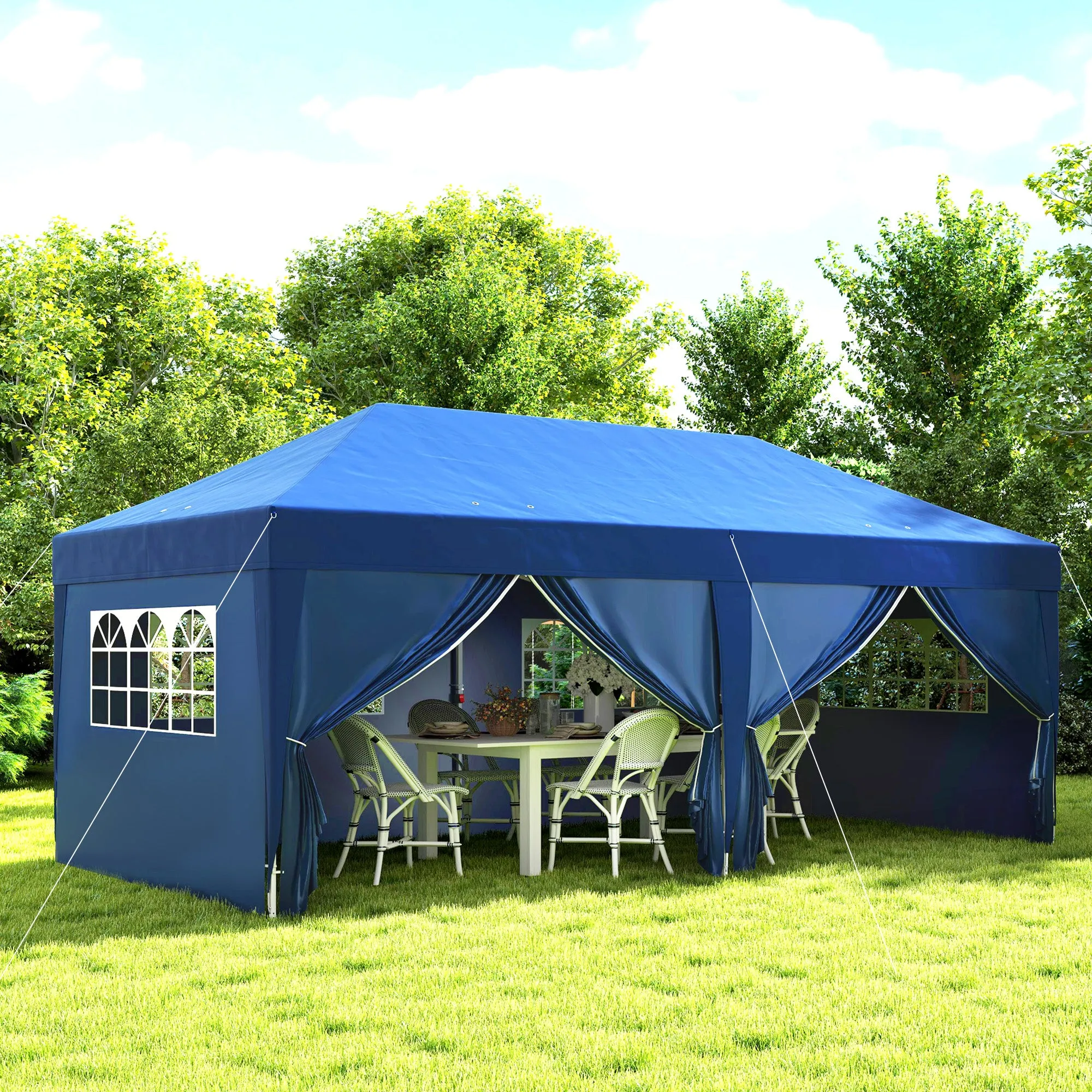 10' x 20' Pop Up Canopy with 6 Walls, Outdoor Easy Up Canopy Party Tent with Steel Frame, Drainage Holes, Instant Garden Shade Shelter with Carrying Bag, Blue