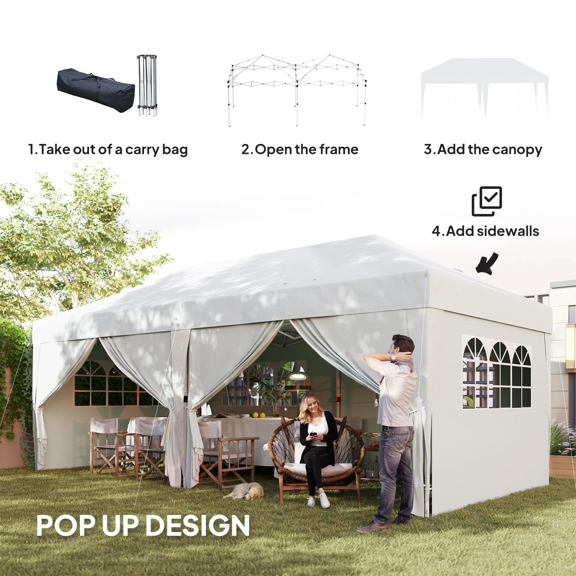 10' x 20' Pop Up Canopy with 6 Walls, Outdoor Easy Up Canopy Party Tent with Steel Frame, Drainage Holes, Instant Garden Shade Shelter with Carrying Bag, White