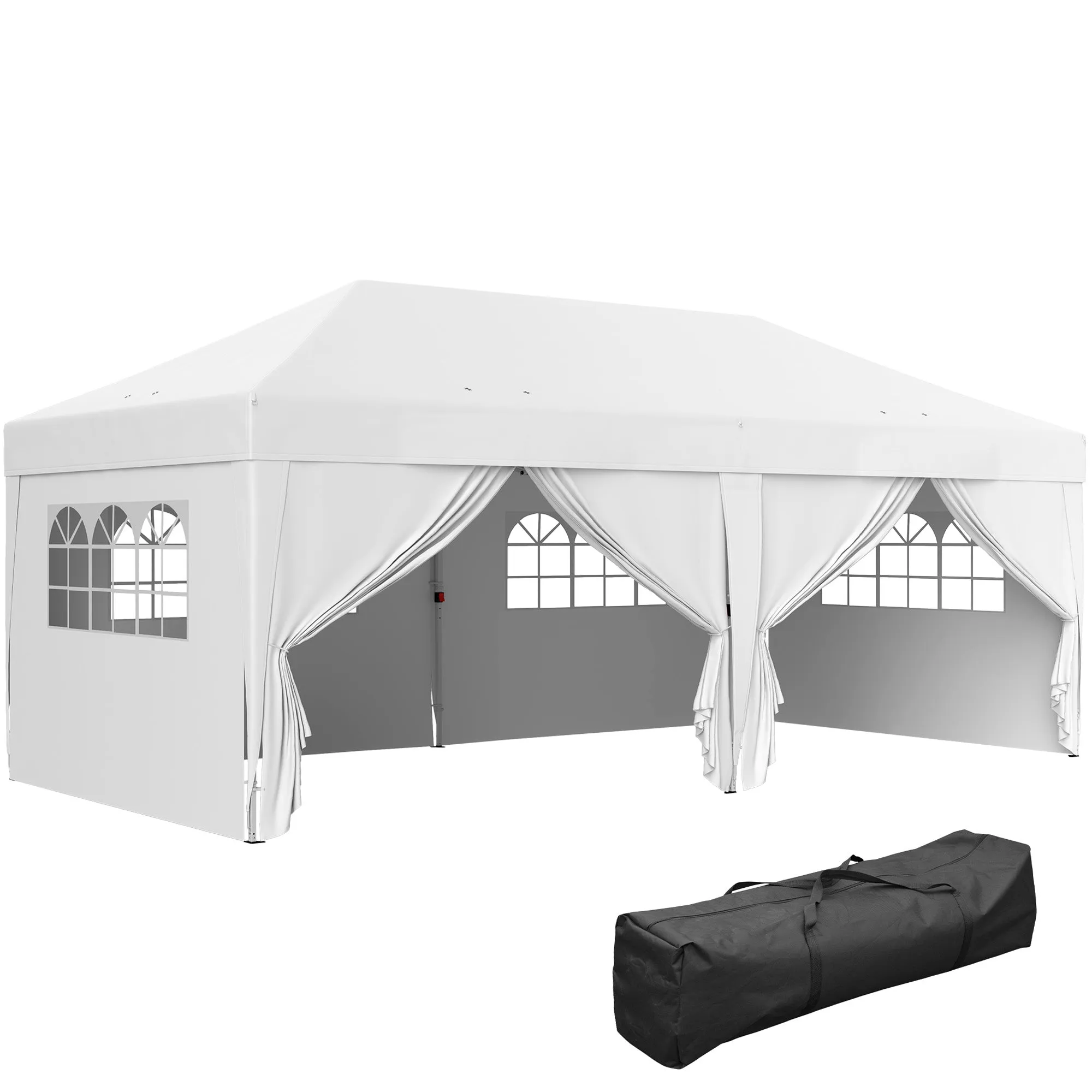 10' x 20' Pop Up Canopy with 6 Walls, Outdoor Easy Up Canopy Party Tent with Steel Frame, Drainage Holes, Instant Garden Shade Shelter with Carrying Bag, White