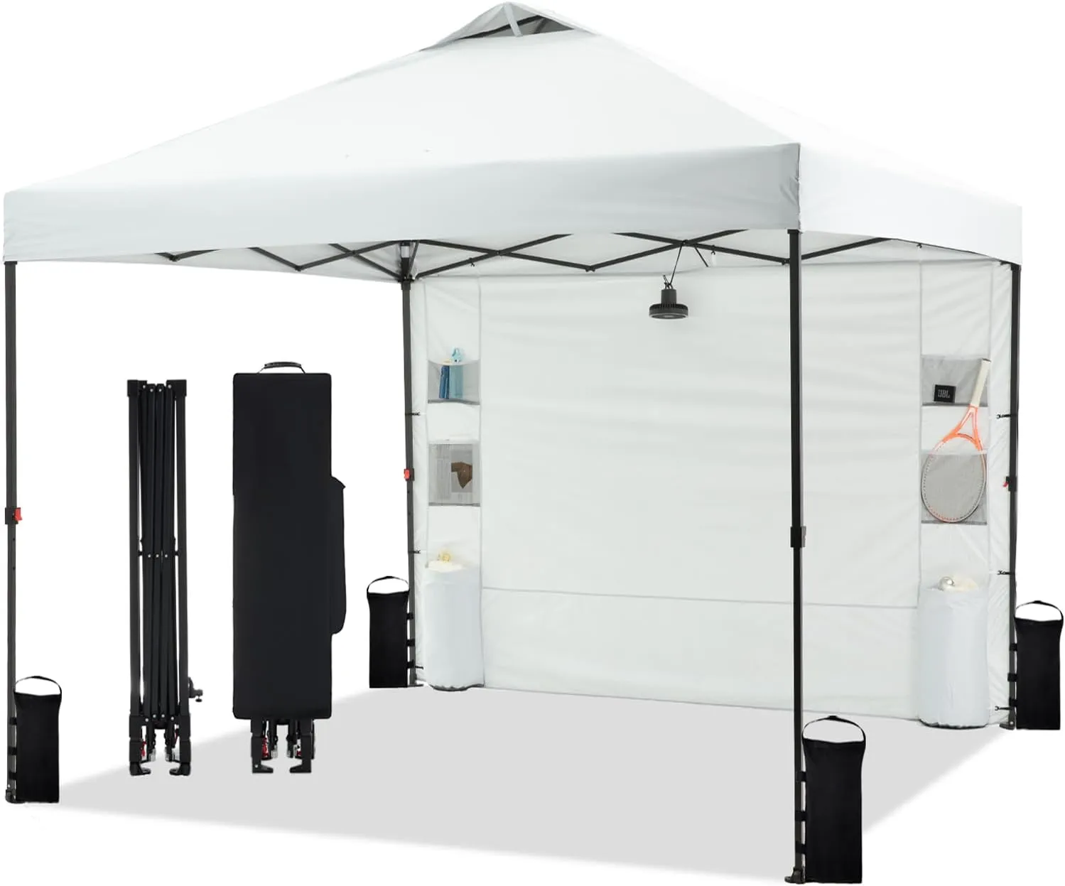 10'x10' Pop Up Canopy Tent with 1 Sidewall and 6 Pockets, One Push Setup, Instant Shade Tent with Vented Roof for Beach Patio Outdoor, Case, 8 Stakes, 4 Ropes, 4 Sandbags (White)