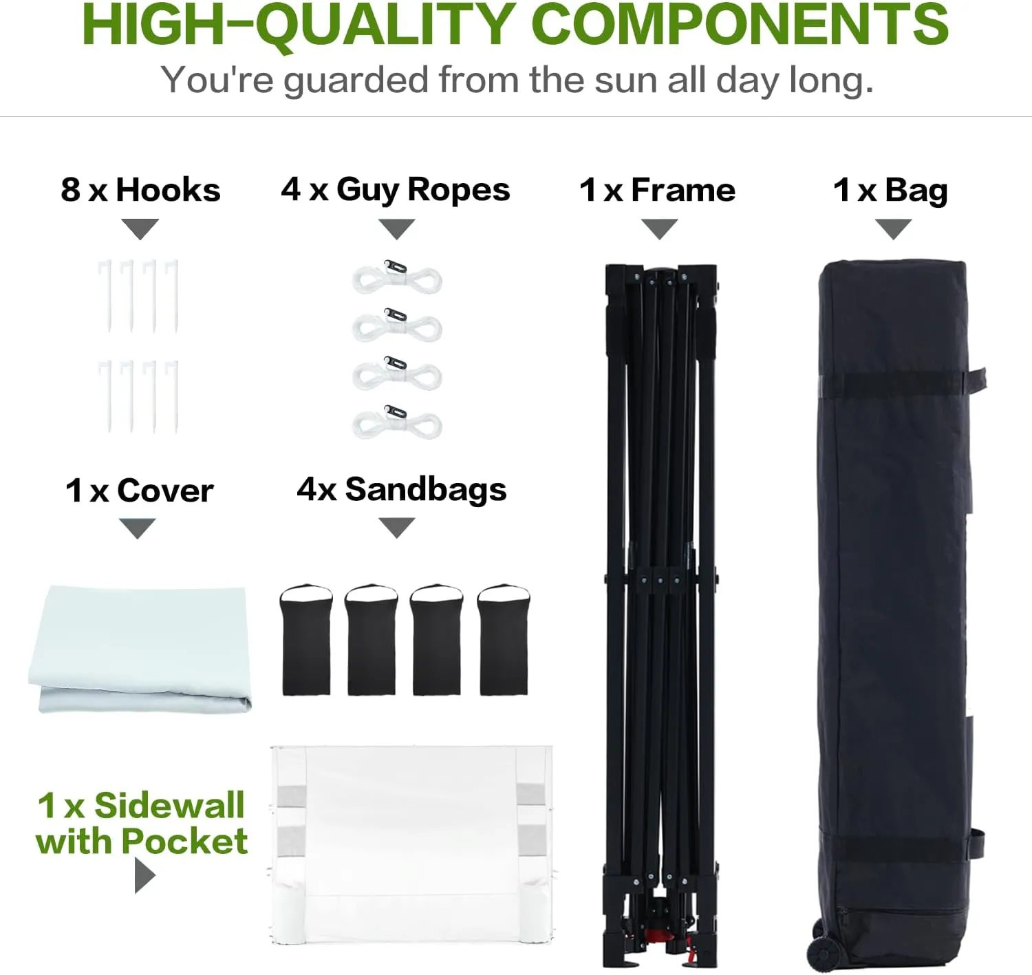 10'x10' Pop Up Canopy Tent with 1 Sidewall and 6 Pockets, One Push Setup, Instant Shade Tent with Vented Roof for Beach Patio Outdoor, Case, 8 Stakes, 4 Ropes, 4 Sandbags (White)