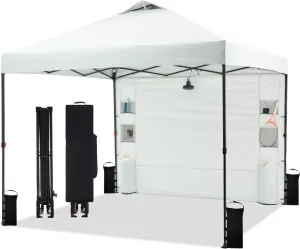 10'x10' Pop Up Canopy Tent with 1 Sidewall and 6 Pockets, One Push Setup, Instant Shade Tent with Vented Roof for Beach Patio Outdoor, Case, 8 Stakes, 4 Ropes, 4 Sandbags (White)