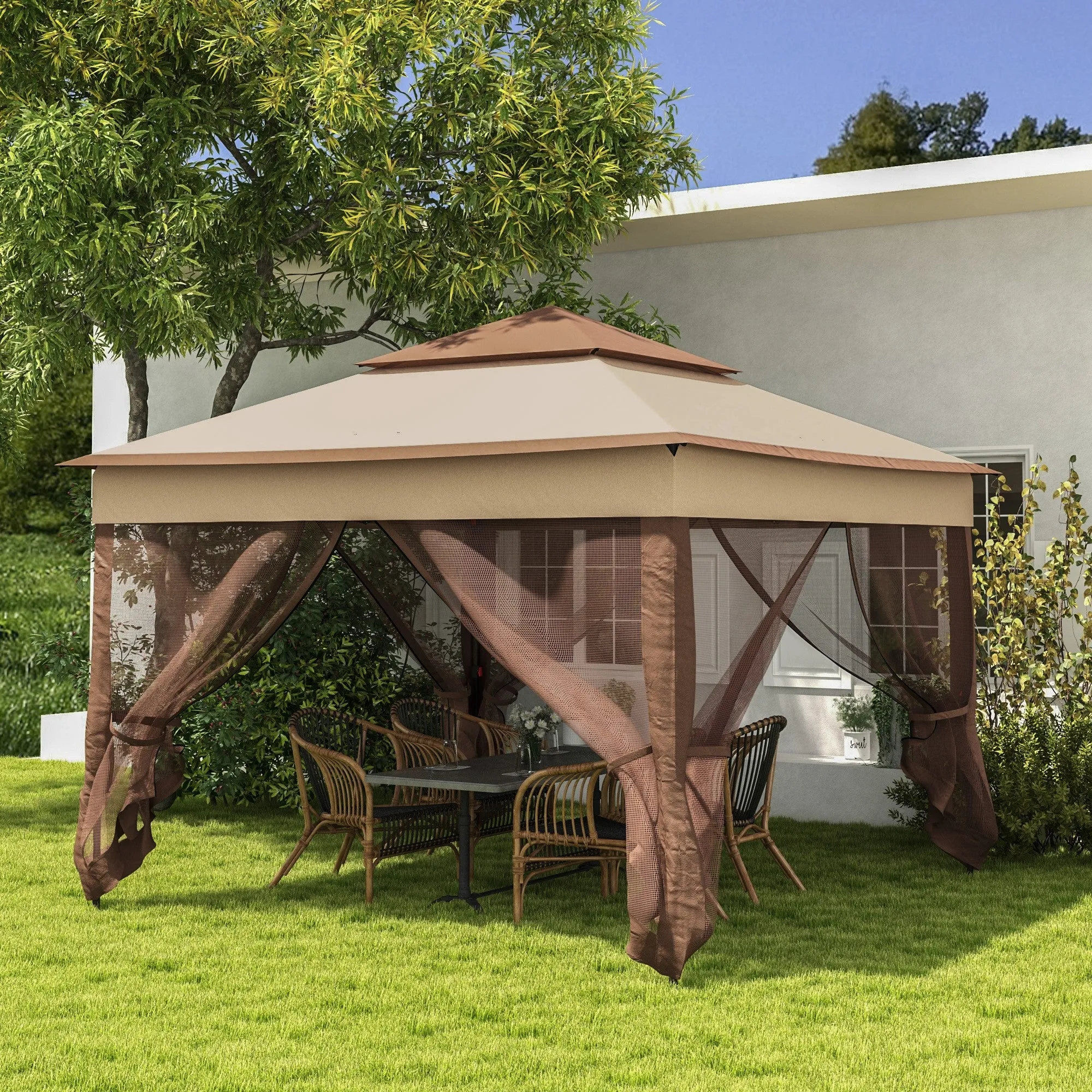 11' x 11' Pop-Up Canopy Gazebo with Zippered Netting and Carry Bag, Khaki