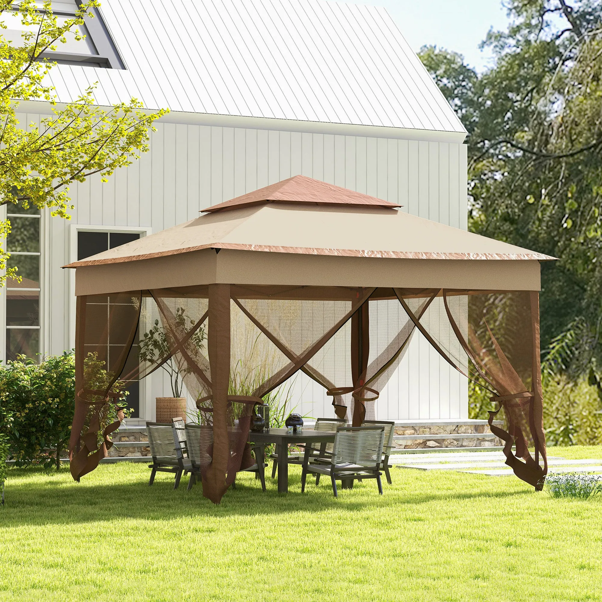 11' x 11' Pop-Up Canopy Gazebo with Zippered Netting and Carry Bag, Khaki