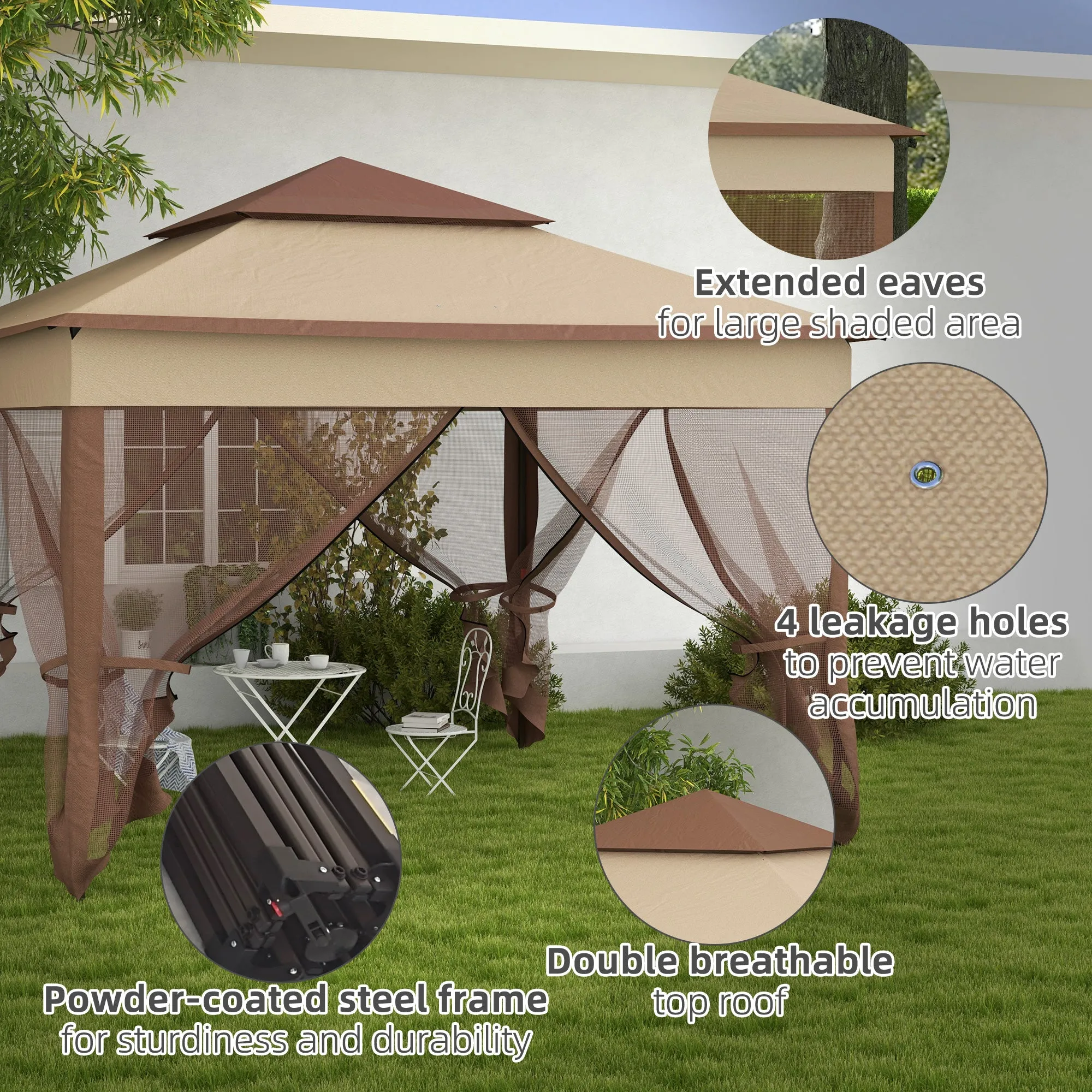11' x 11' Pop-Up Canopy Gazebo with Zippered Netting and Carry Bag, Khaki