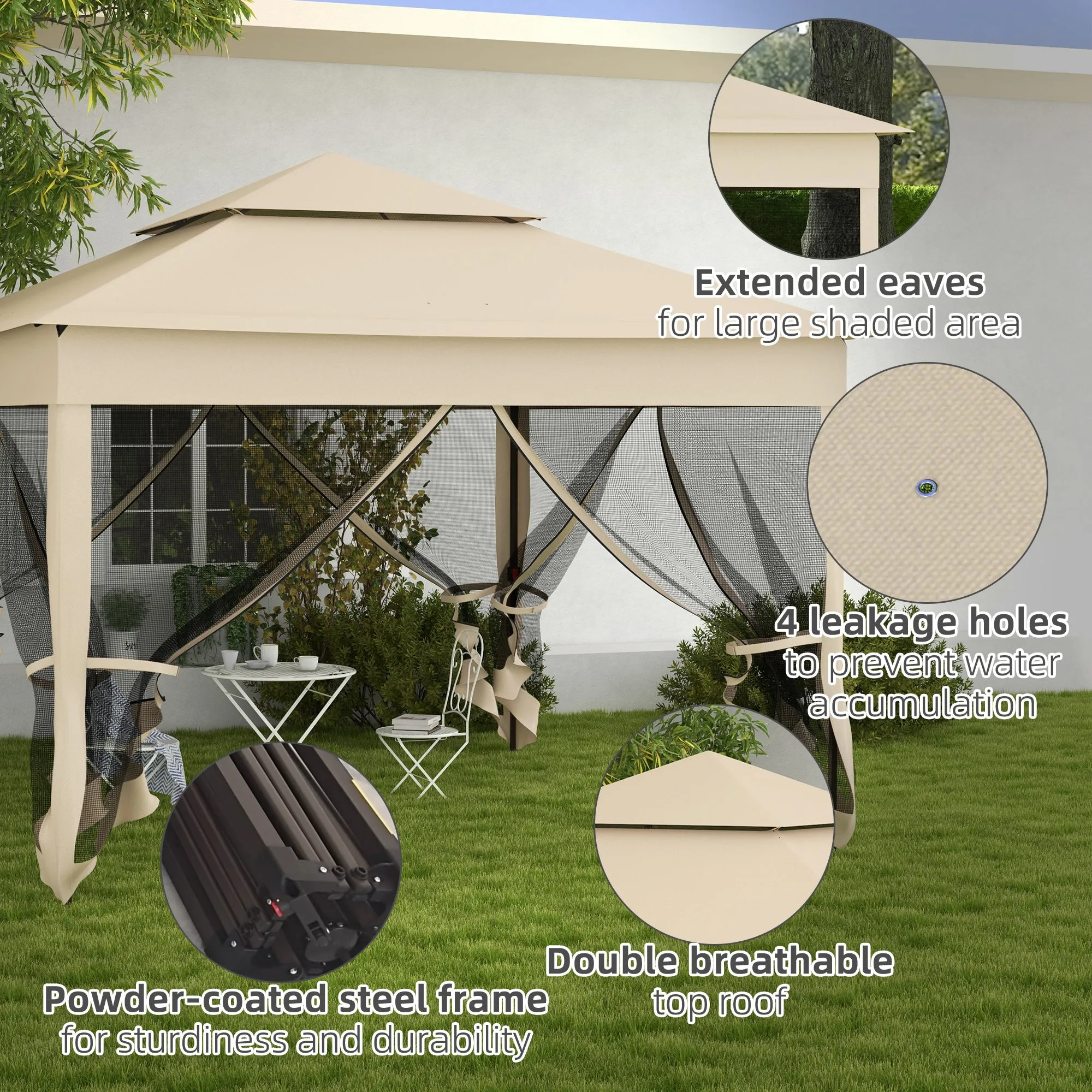 11'x11' Pop-Up Gazebo Shelter with Zipper Netting & Carry Bag, Beige