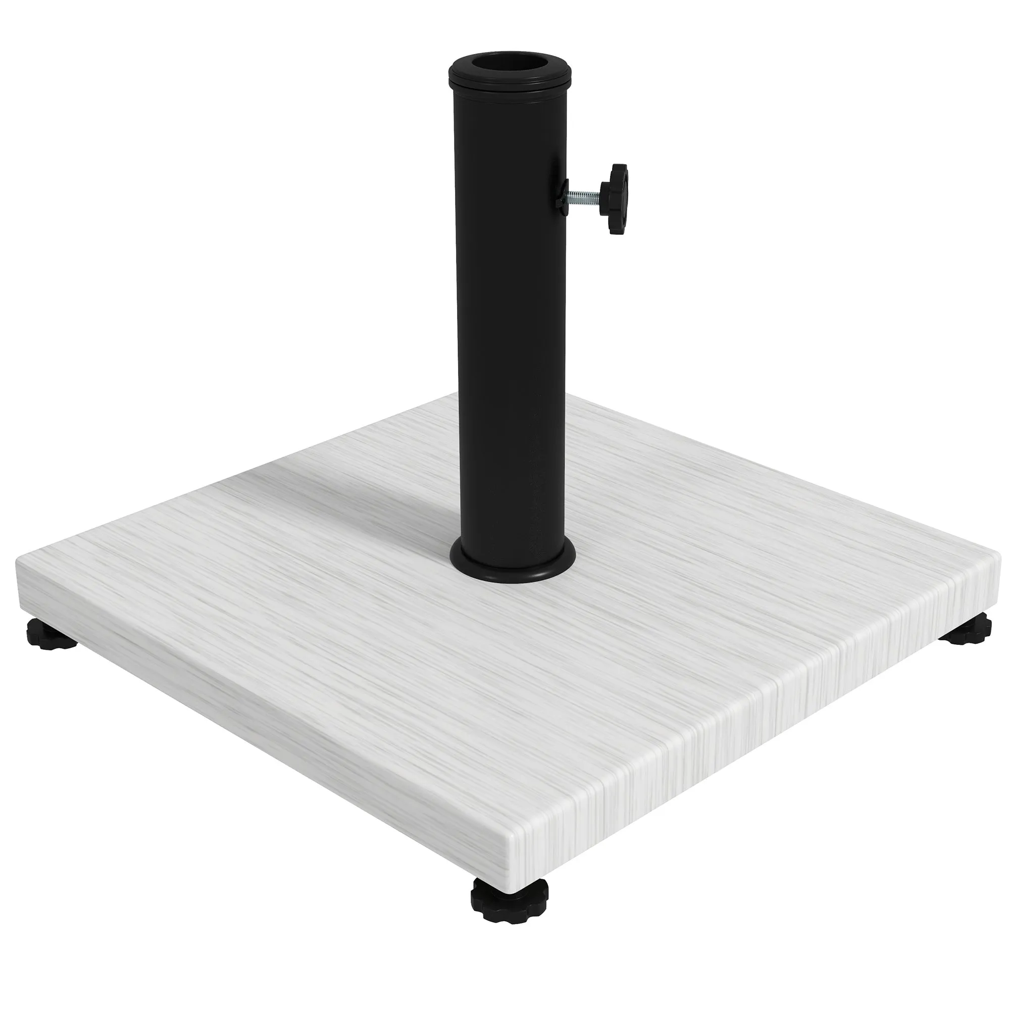 12kg Garden Parasol Base with Adjustable Foot Pad and Knob, Concrete Umbrella Stand with Wood Effect, Rectangular Parasol Holder for 38mm and 48mm Poles, White