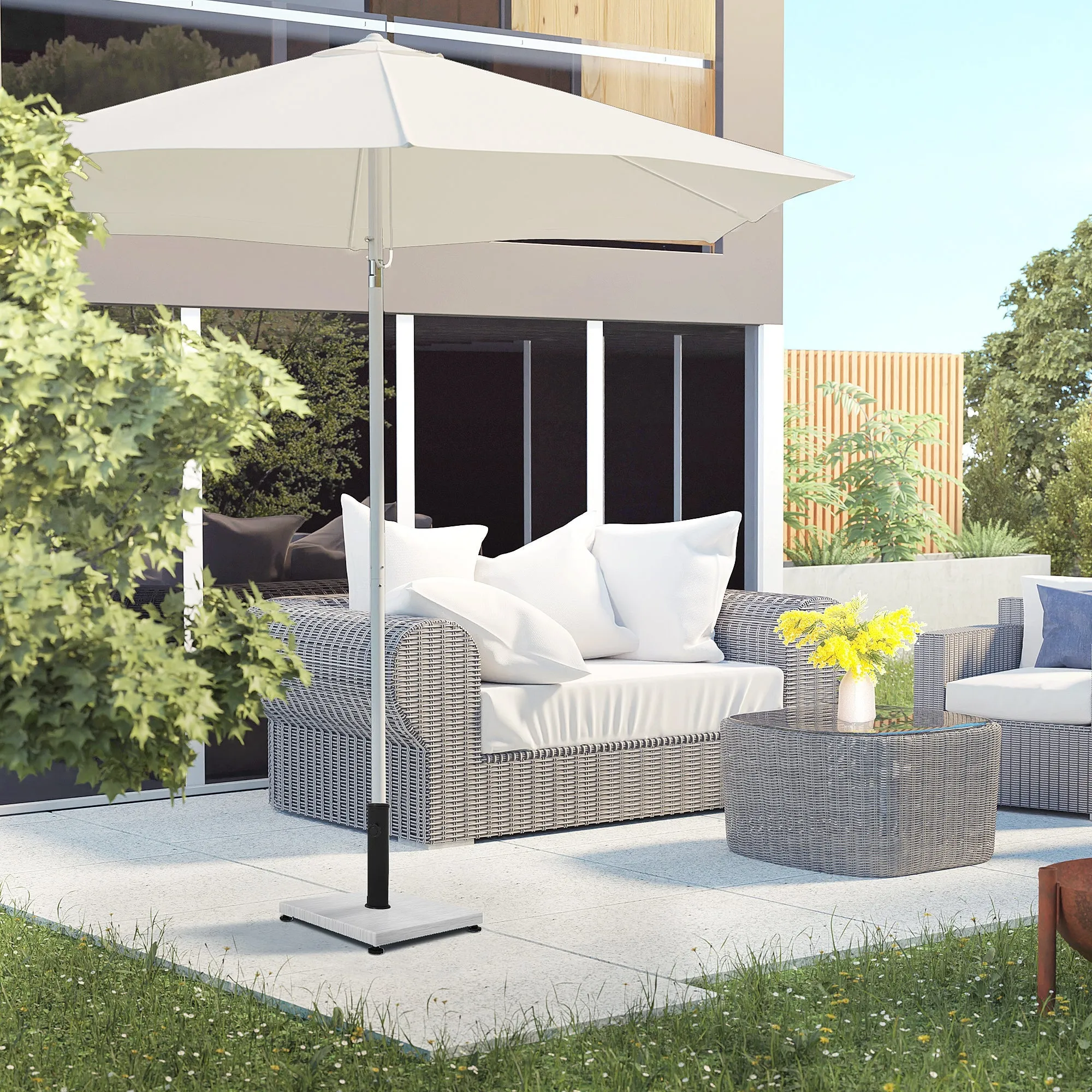 12kg Garden Parasol Base with Adjustable Foot Pad and Knob, Concrete Umbrella Stand with Wood Effect, Rectangular Parasol Holder for 38mm and 48mm Poles, White