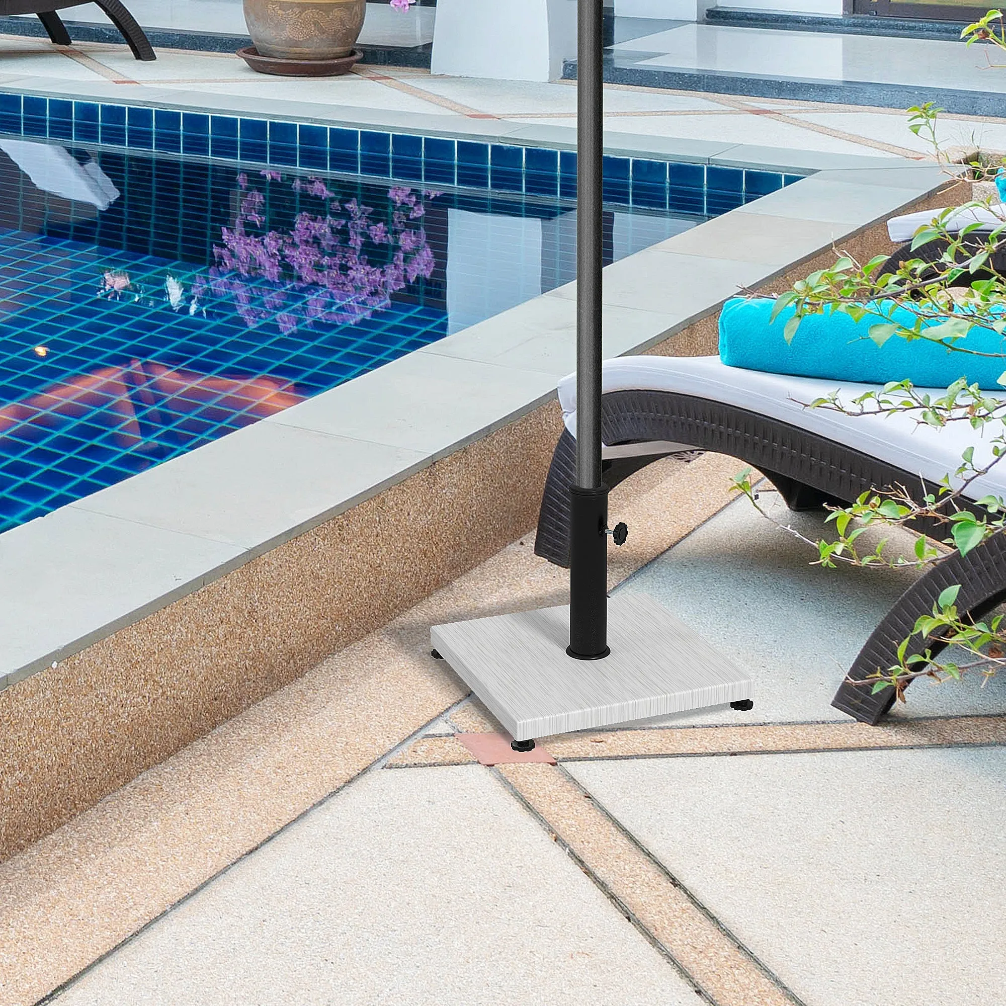 12kg Garden Parasol Base with Adjustable Foot Pad and Knob, Concrete Umbrella Stand with Wood Effect, Rectangular Parasol Holder for 38mm and 48mm Poles, White