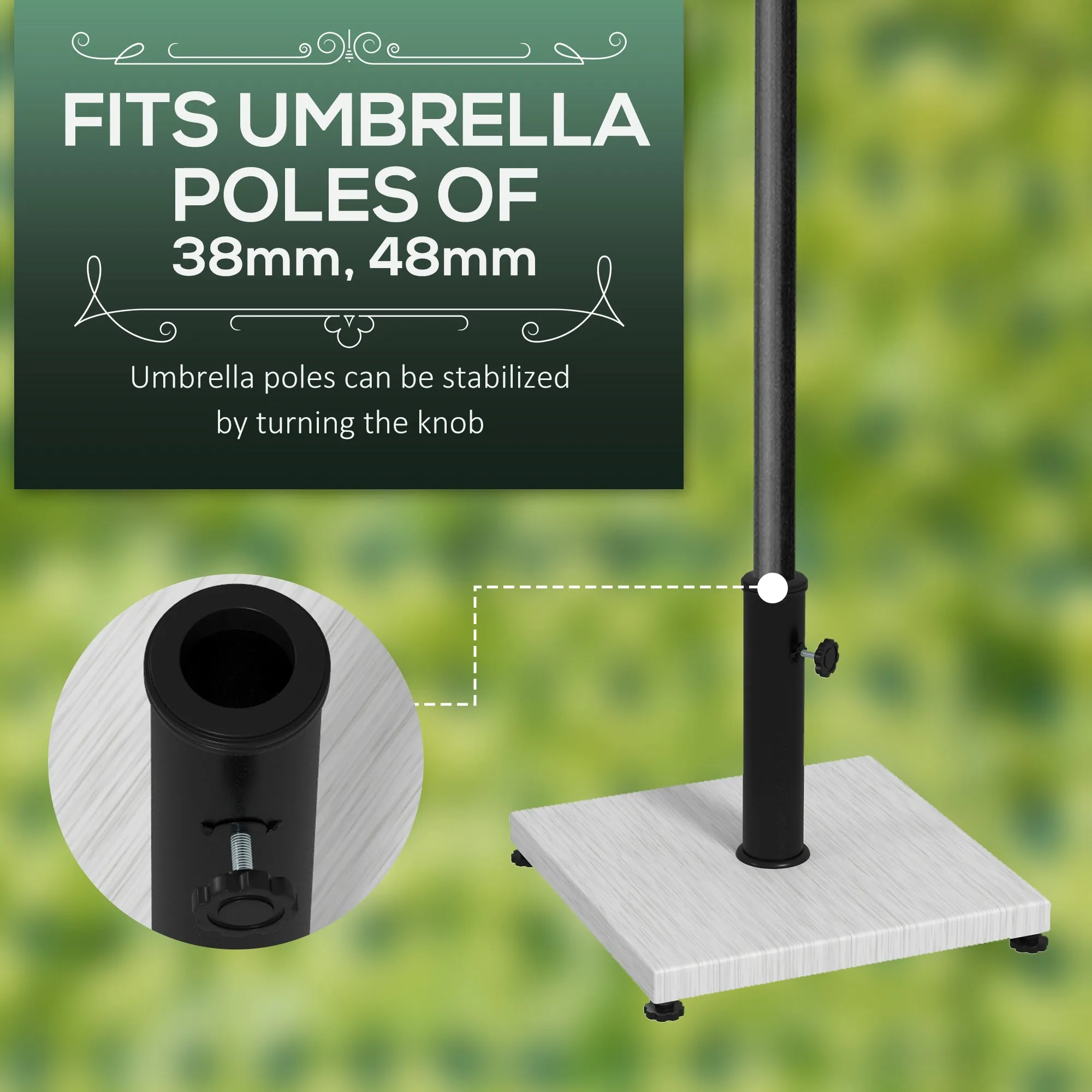 12kg Garden Parasol Base with Adjustable Foot Pad and Knob, Concrete Umbrella Stand with Wood Effect, Rectangular Parasol Holder for 38mm and 48mm Poles, White