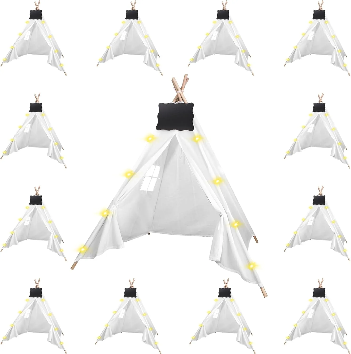 12pcs Teepee Tents Set with Markeable Small Blackboards and 10FT String Lights, Foldable Indoor Outdoor Play Teepee Tent for Girls & Boys, for Birthday Party Boho Sleepovers Party (White)