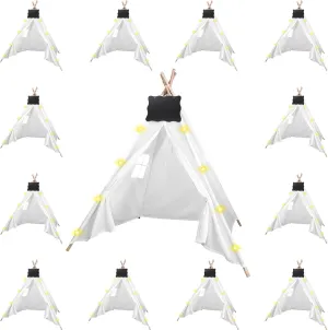 12pcs Teepee Tents Set with Markeable Small Blackboards and 10FT String Lights, Foldable Indoor Outdoor Play Teepee Tent for Girls & Boys, for Birthday Party Boho Sleepovers Party (White)