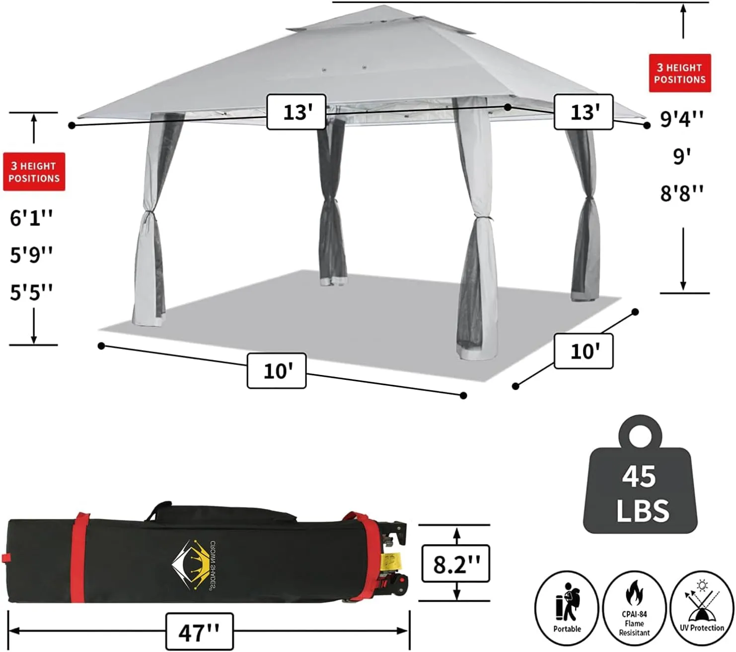 13X13 Pop up Gazebo, Patented One Push Outoor Canopy Tent with Wheeled