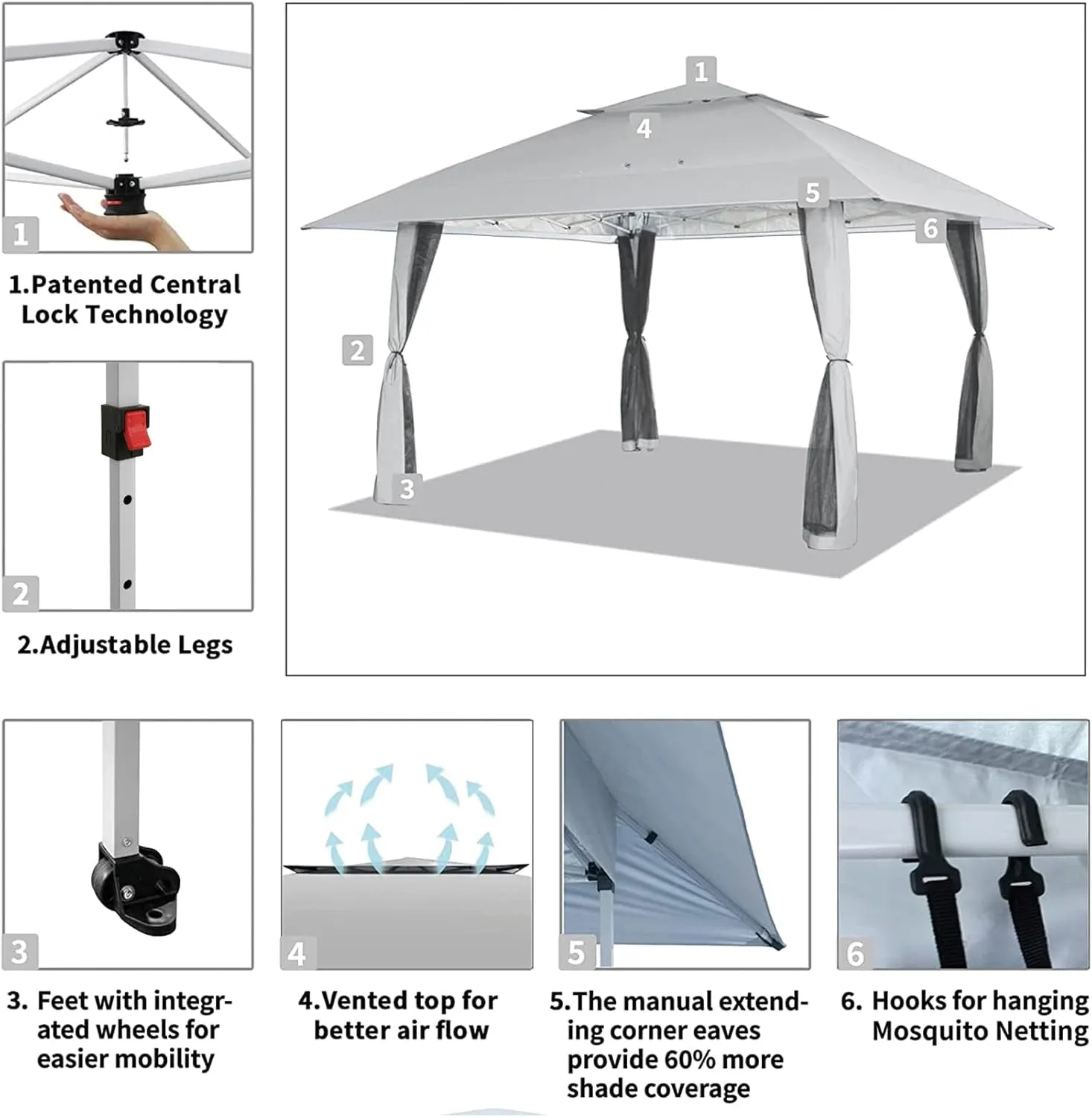 13X13 Pop up Gazebo, Patented One Push Outoor Canopy Tent with Wheeled