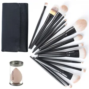 15 Pcs Makeup Brushes Set, Makeup Sponge Eggs With Case, Long Handle Loose Powder Contour Makeup Brush Fluff Large Face Brush for Liquid, Cream,Buffing (15 brushes   bag)