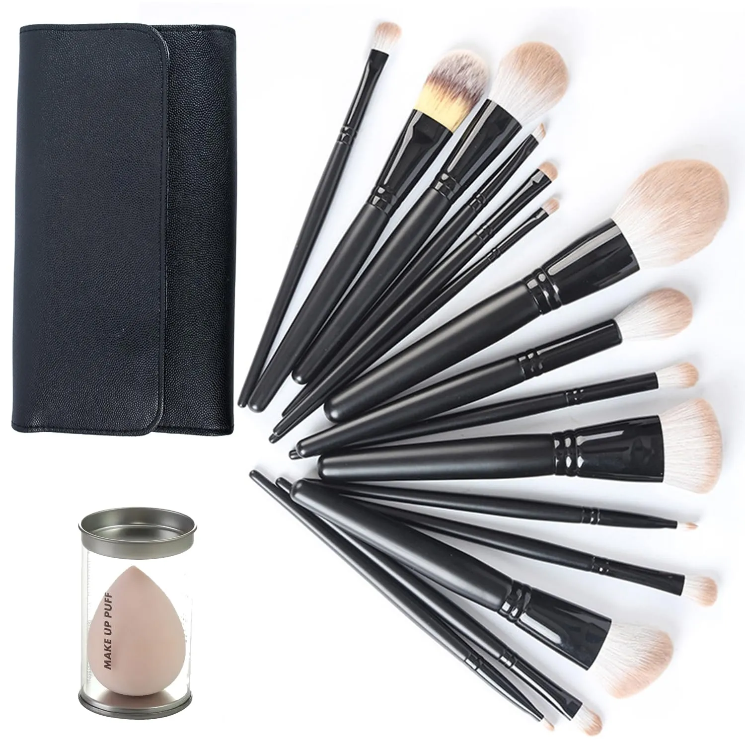 15 Pcs Makeup Brushes Set, Makeup Sponge Eggs With Case, Long Handle Loose Powder Contour Makeup Brush Fluff Large Face Brush for Liquid, Cream,Buffing (15 brushes   bag)