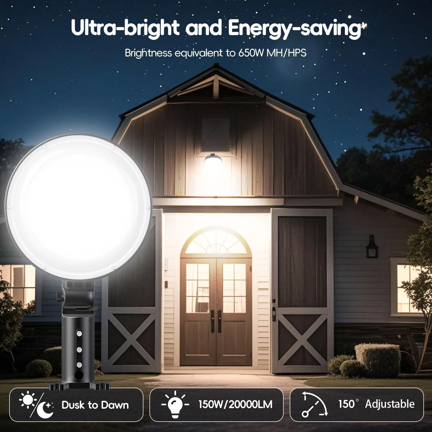 150W 20000LM LED Barn Light, Dusk to Dawn Outdoor Light with 150° Adjustable Photocell, Pole Light 6500K Daylight Flood Lights, IP66 Waterproof Area Street Light for Farm Garage Warehouse Yard