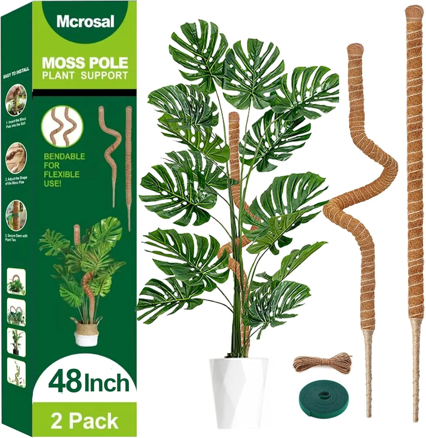 2 Pack 48'' Bendable Moss Pole Monstera Plant Support for Indoor Climbing Plants, Tall Plant Stick Support Stake for Potted Plants, Pothos, Philodendron