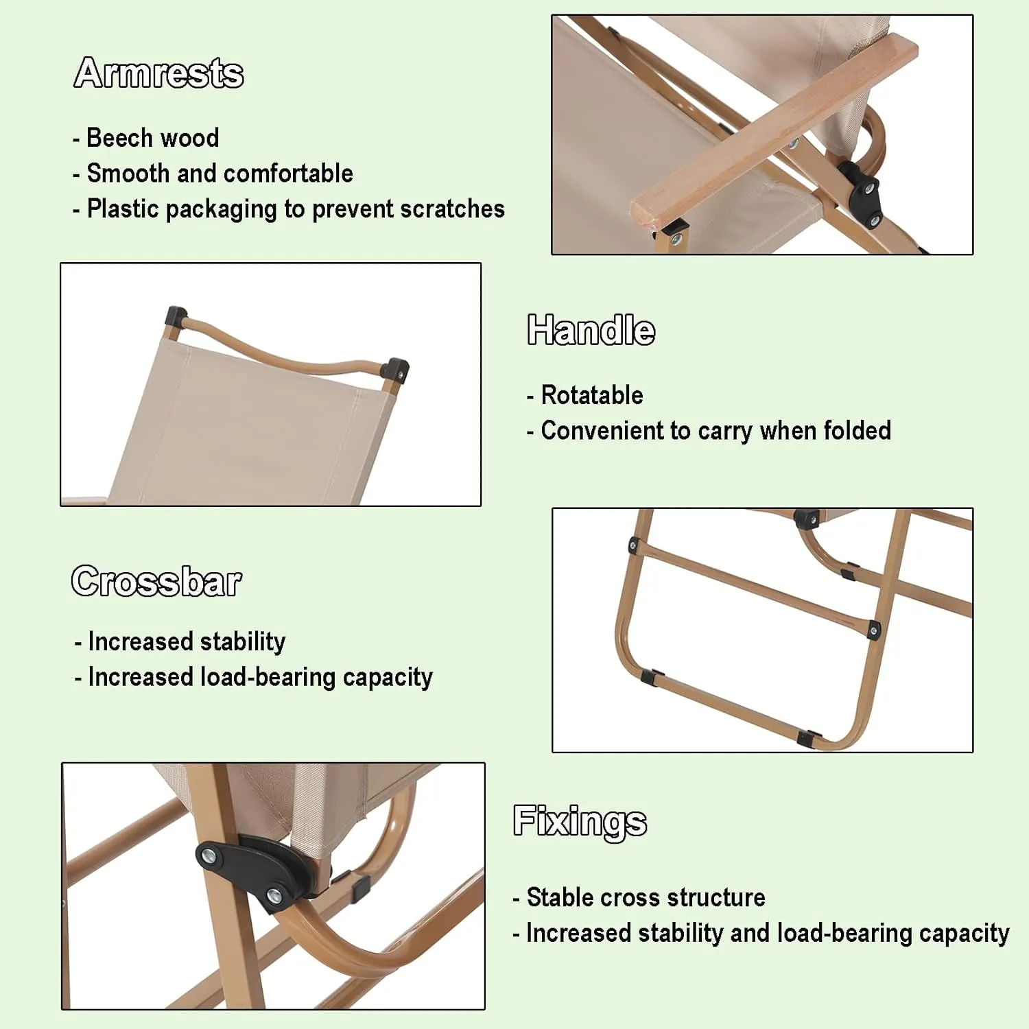 2 Pack Folding Camping Chairs for Adults, Portable Outdoor Beach Chair Foldable, Outdoor Camp Chairs with Metal Frame Wooden Handrail for Camping, Parety, Fishing, Beach, Lawns, Patio, Khaki