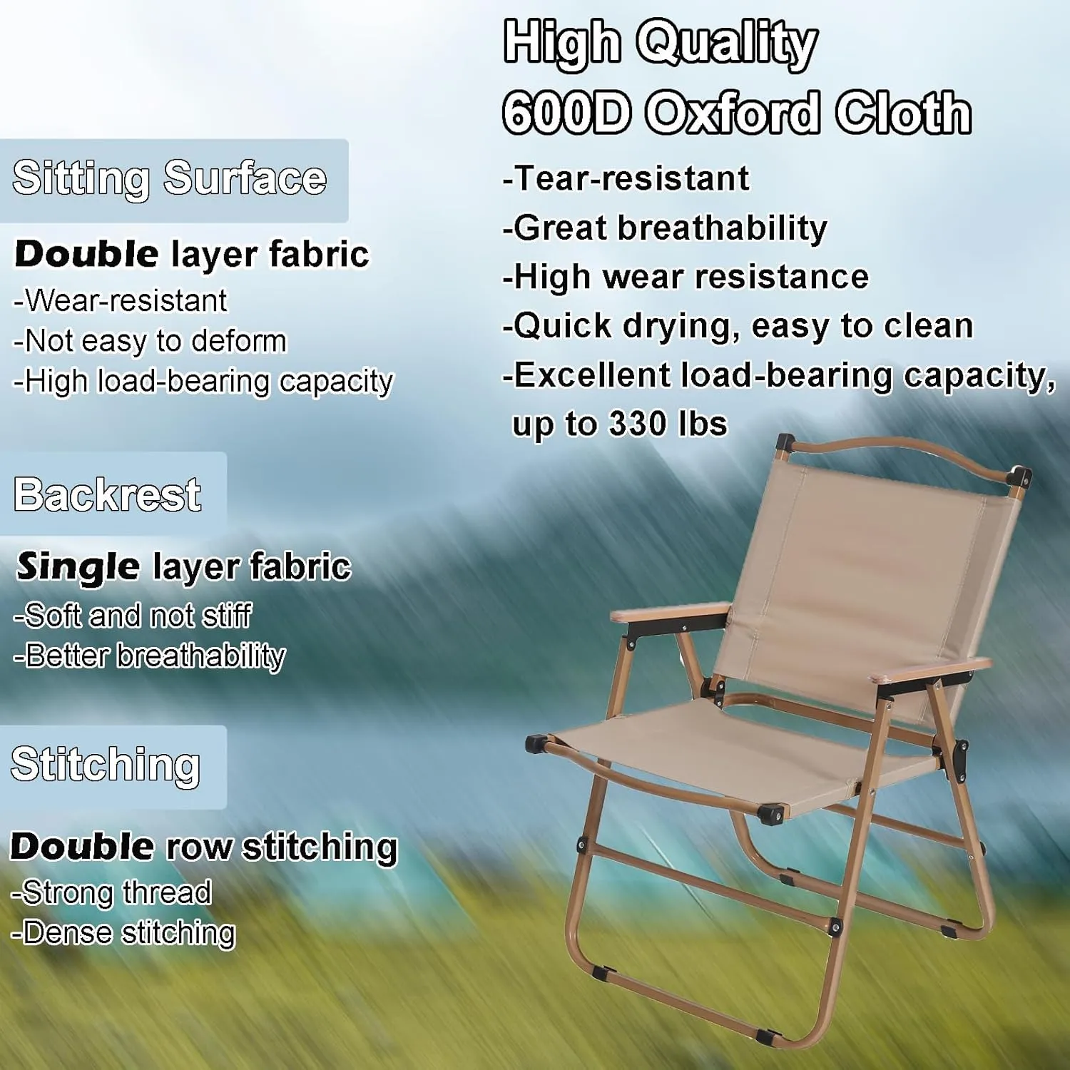 2 Pack Folding Camping Chairs for Adults, Portable Outdoor Beach Chair Foldable, Outdoor Camp Chairs with Metal Frame Wooden Handrail for Camping, Parety, Fishing, Beach, Lawns, Patio, Khaki
