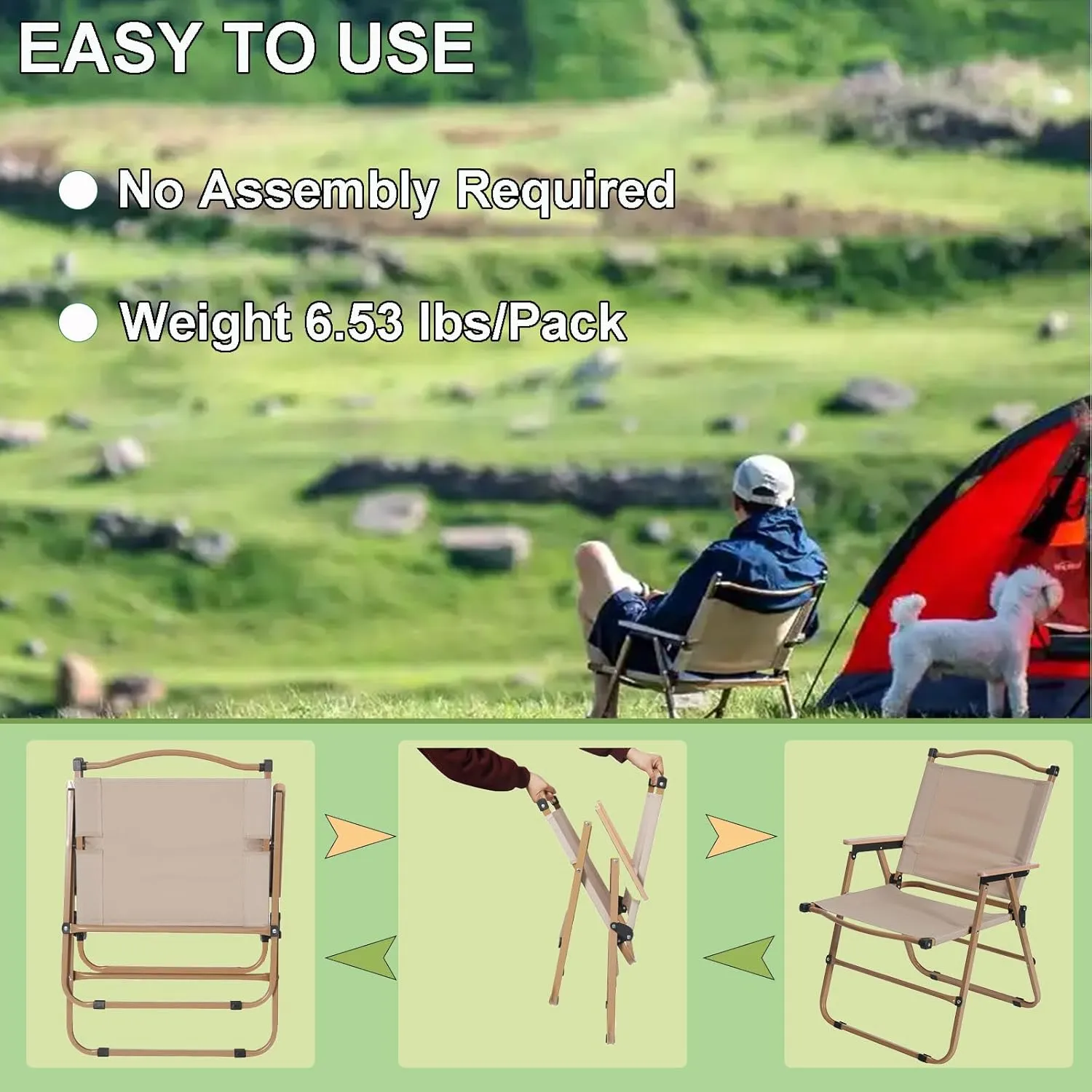 2 Pack Folding Camping Chairs for Adults, Portable Outdoor Beach Chair Foldable, Outdoor Camp Chairs with Metal Frame Wooden Handrail for Camping, Parety, Fishing, Beach, Lawns, Patio, Khaki