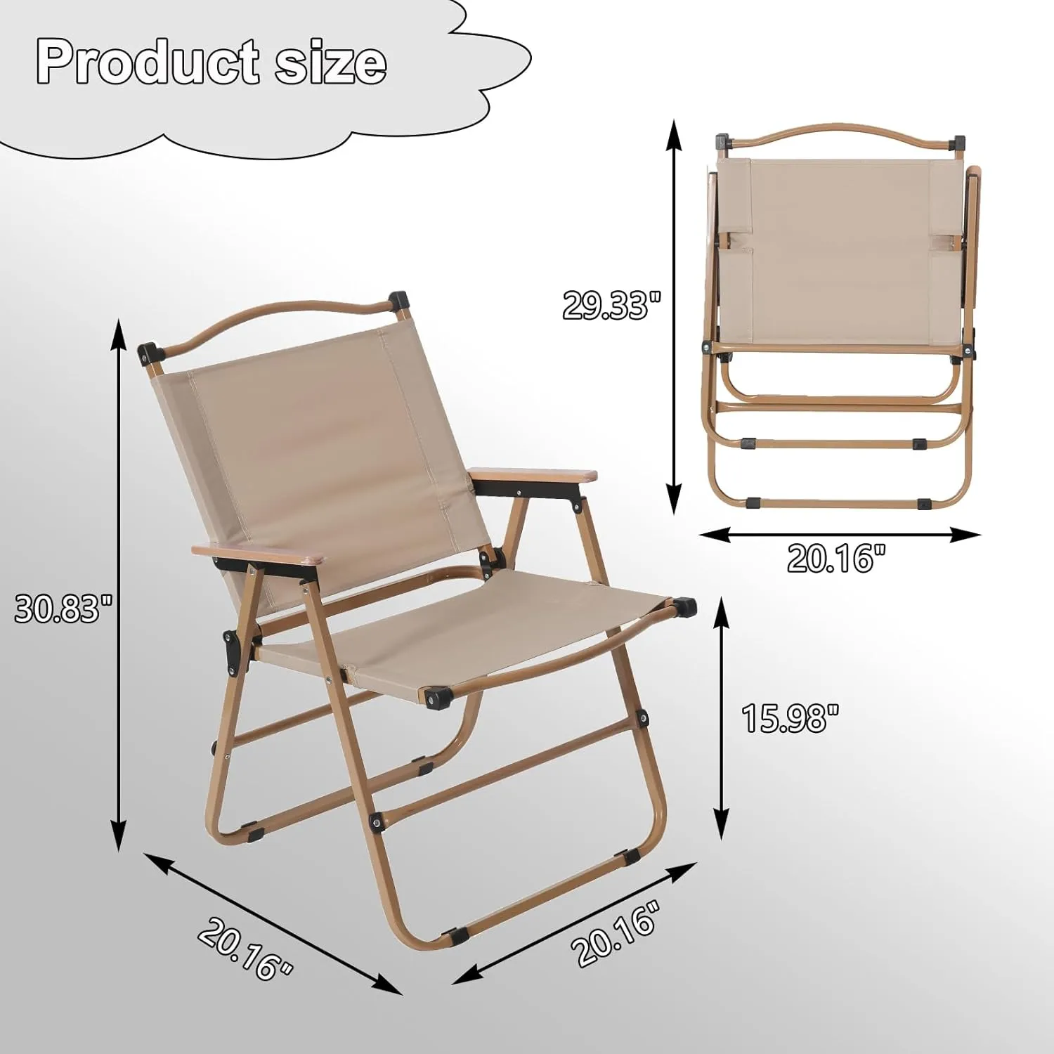 2 Pack Folding Camping Chairs for Adults, Portable Outdoor Beach Chair Foldable, Outdoor Camp Chairs with Metal Frame Wooden Handrail for Camping, Parety, Fishing, Beach, Lawns, Patio, Khaki
