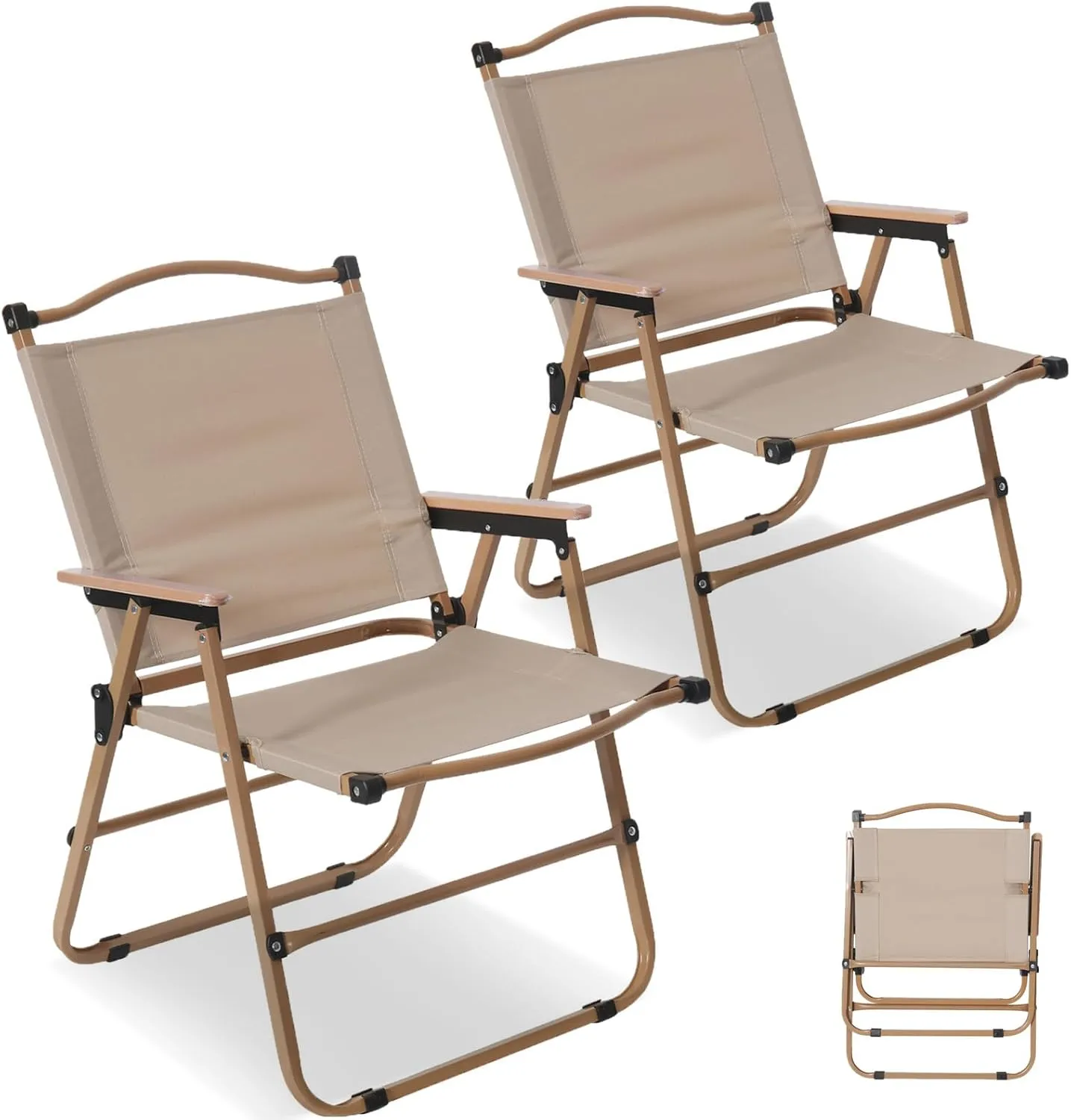 2 Pack Folding Camping Chairs for Adults, Portable Outdoor Beach Chair Foldable, Outdoor Camp Chairs with Metal Frame Wooden Handrail for Camping, Parety, Fishing, Beach, Lawns, Patio, Khaki