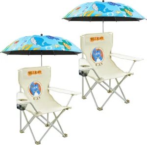 2 Pack Kids Camping Chair - Kids Beach Chair with Umbrella - Foldable Storage Cup Holder Durable, wear-Resistant, Non-Slip, Lightweight Design for Beach, Patio, Outdoors, Lawn (Blue Blue)