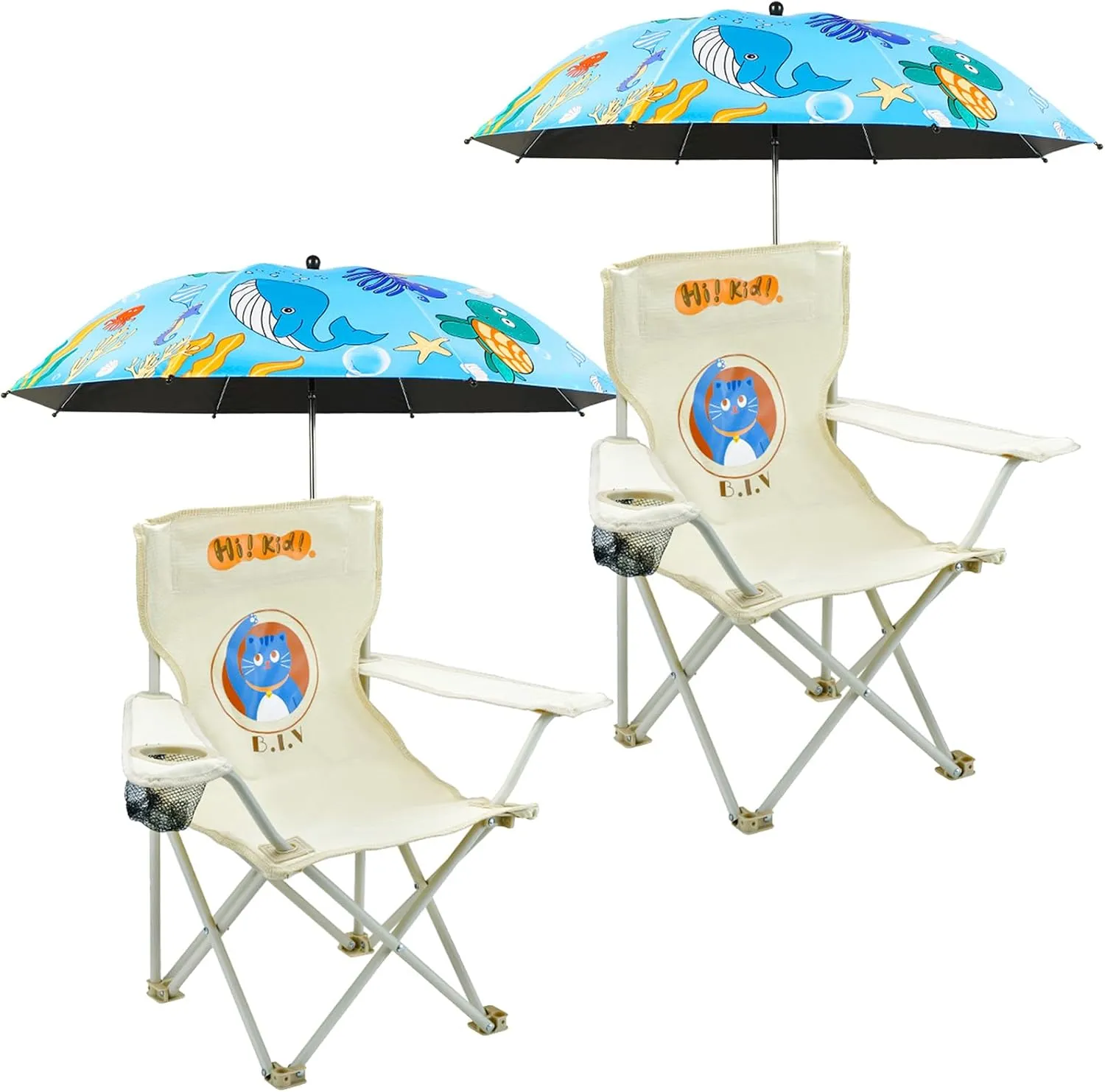 2 Pack Kids Camping Chair - Kids Beach Chair with Umbrella - Foldable Storage Cup Holder Durable, wear-Resistant, Non-Slip, Lightweight Design for Beach, Patio, Outdoors, Lawn (Blue Blue)