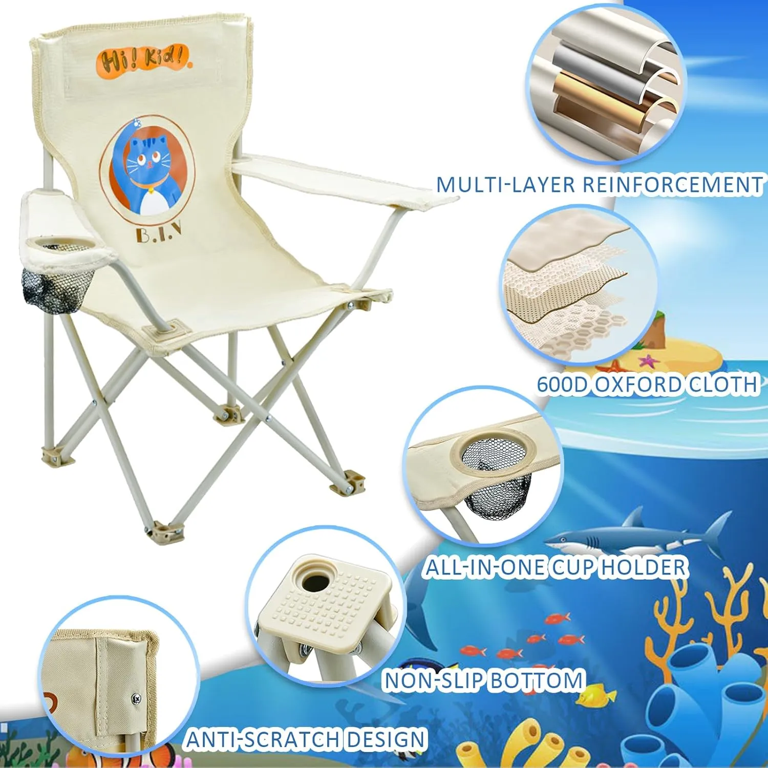 2 Pack Kids Camping Chair - Kids Beach Chair with Umbrella - Foldable Storage Cup Holder Durable, wear-Resistant, Non-Slip, Lightweight Design for Beach, Patio, Outdoors, Lawn (Blue Blue)