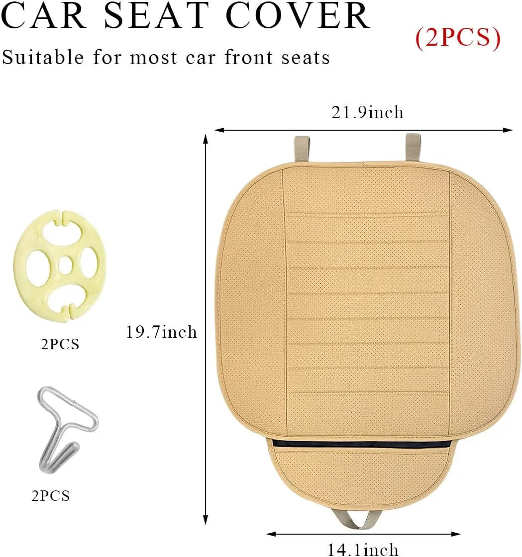 2 PCS Car Front Seat Protector Mats, 21.9" × 19.7" Breathable Leather Auto Cushion Protector, Anti-Slip Vehicle Seat Cover with Storage Pockets, Universal Car Accessories (Beige)