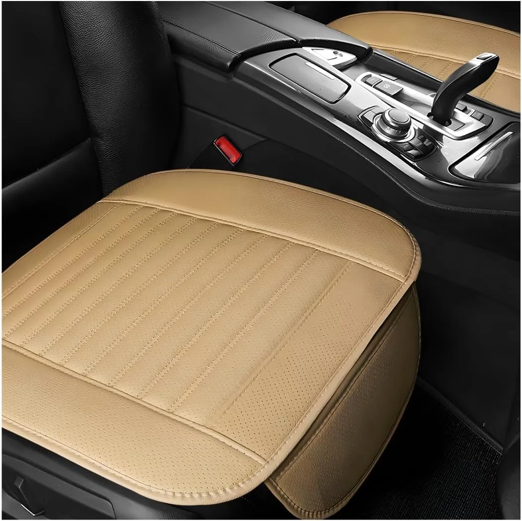 2 PCS Car Front Seat Protector Mats, 21.9" × 19.7" Breathable Leather Auto Cushion Protector, Anti-Slip Vehicle Seat Cover with Storage Pockets, Universal Car Accessories (Beige)