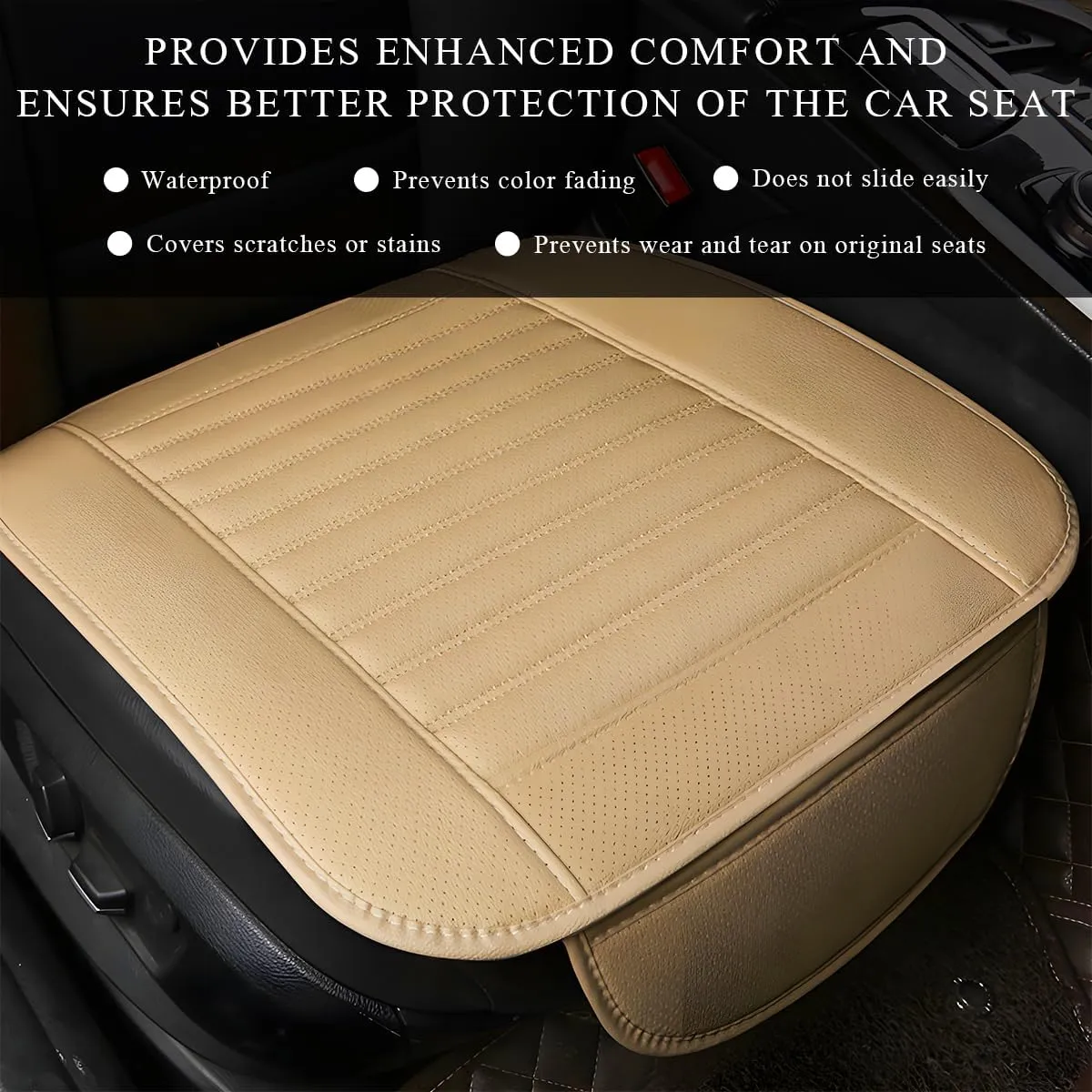 2 PCS Car Front Seat Protector Mats, 21.9" × 19.7" Breathable Leather Auto Cushion Protector, Anti-Slip Vehicle Seat Cover with Storage Pockets, Universal Car Accessories (Beige)