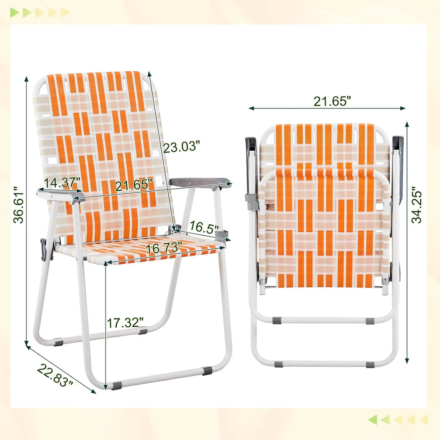 2 Pcs Folding Beach Chair Webbed Chair Portable Camping Chair, Patio Lawn Webbed Folding Chairs Set Folding Backpack Beach Chair for Camping Beach Travel Lawn Yard Garden