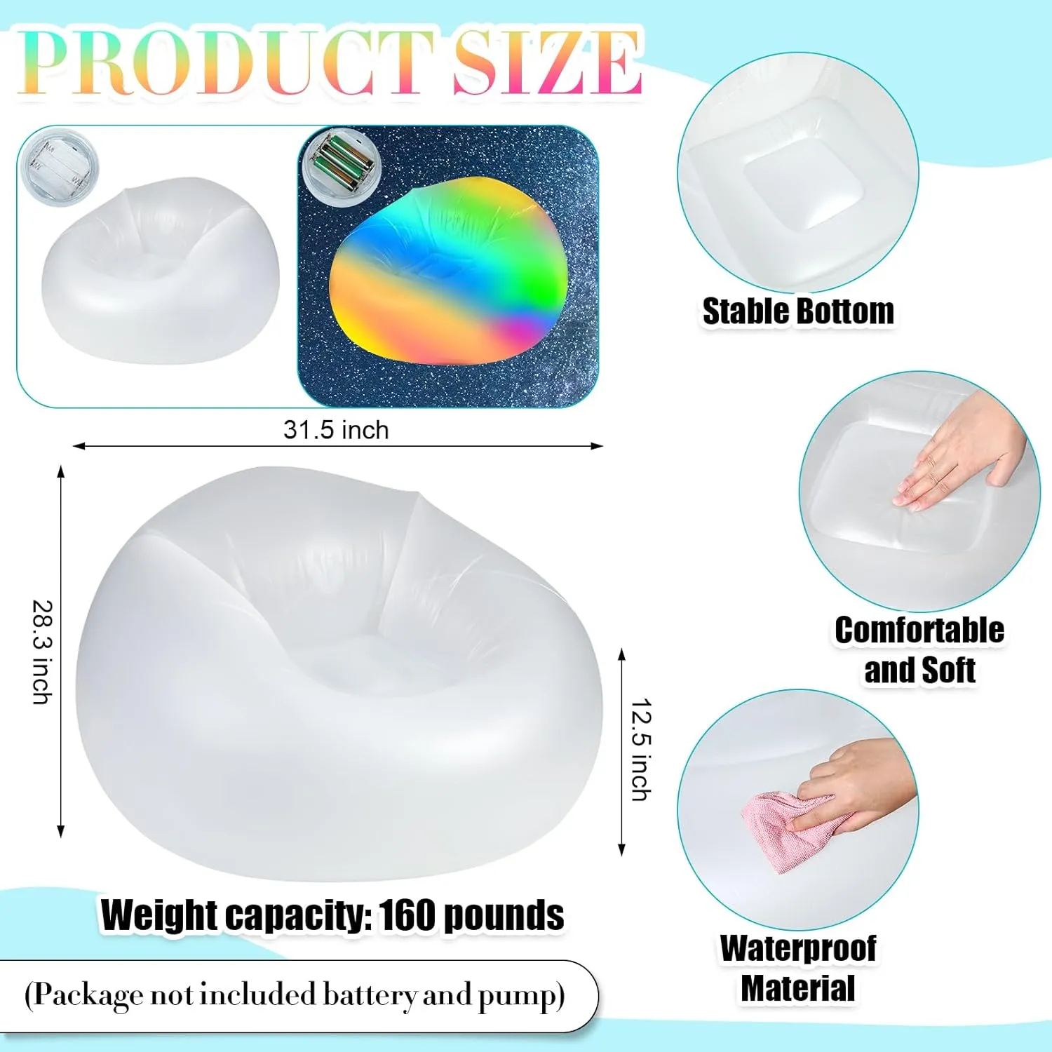 2 Pcs Inflatable LED Chair Illuminated Blow up Chair for Adults Light up Inflatable Air Camping Sofa Without Pump for Indoor Room Outdoor Party Yard Pool