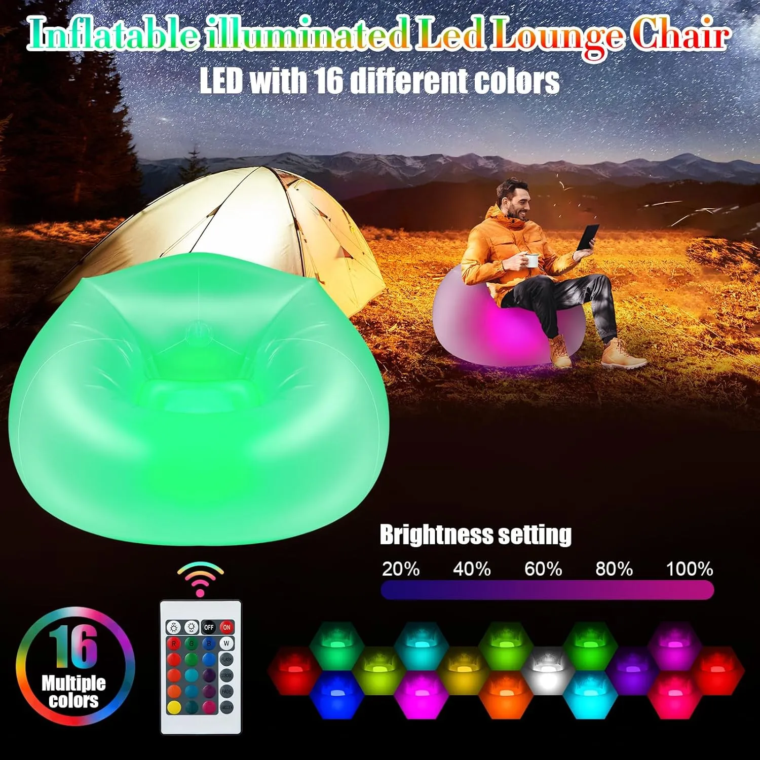 2 Pcs Inflatable LED Chair Illuminated Blow up Chair for Adults Light up Inflatable Air Camping Sofa Without Pump for Indoor Room Outdoor Party Yard Pool