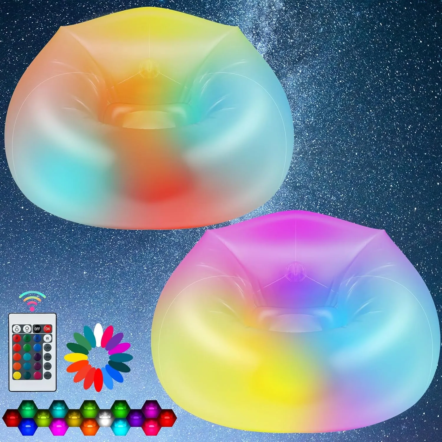 2 Pcs Inflatable LED Chair Illuminated Blow up Chair for Adults Light up Inflatable Air Camping Sofa Without Pump for Indoor Room Outdoor Party Yard Pool