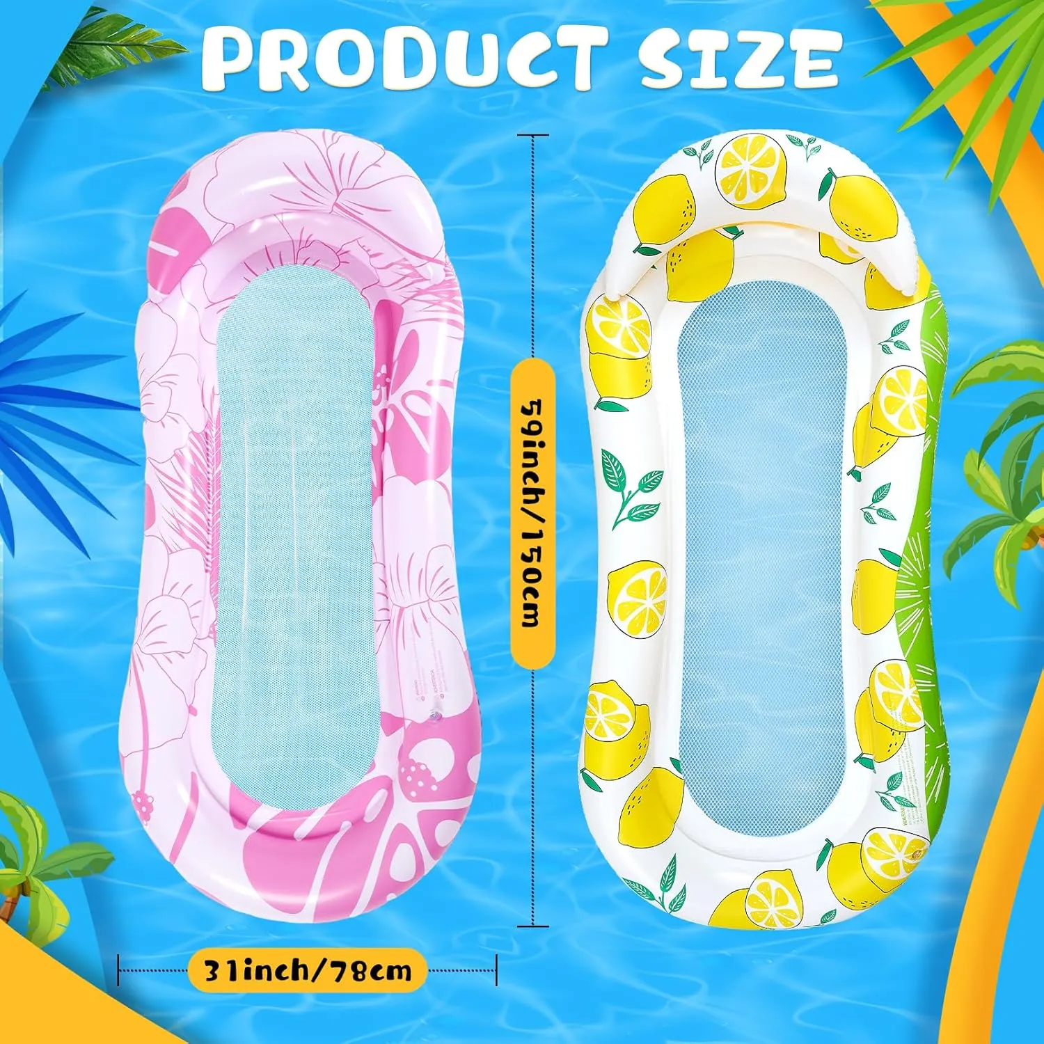 2 Pcs Inflatable Pool Float Mat Pool Floaties Rafts with Headrest Loungers Sun Tanning Floaty for Adult Cool Water Hammock Chair for Summer Swimming Pool Lake Beach Party Toys