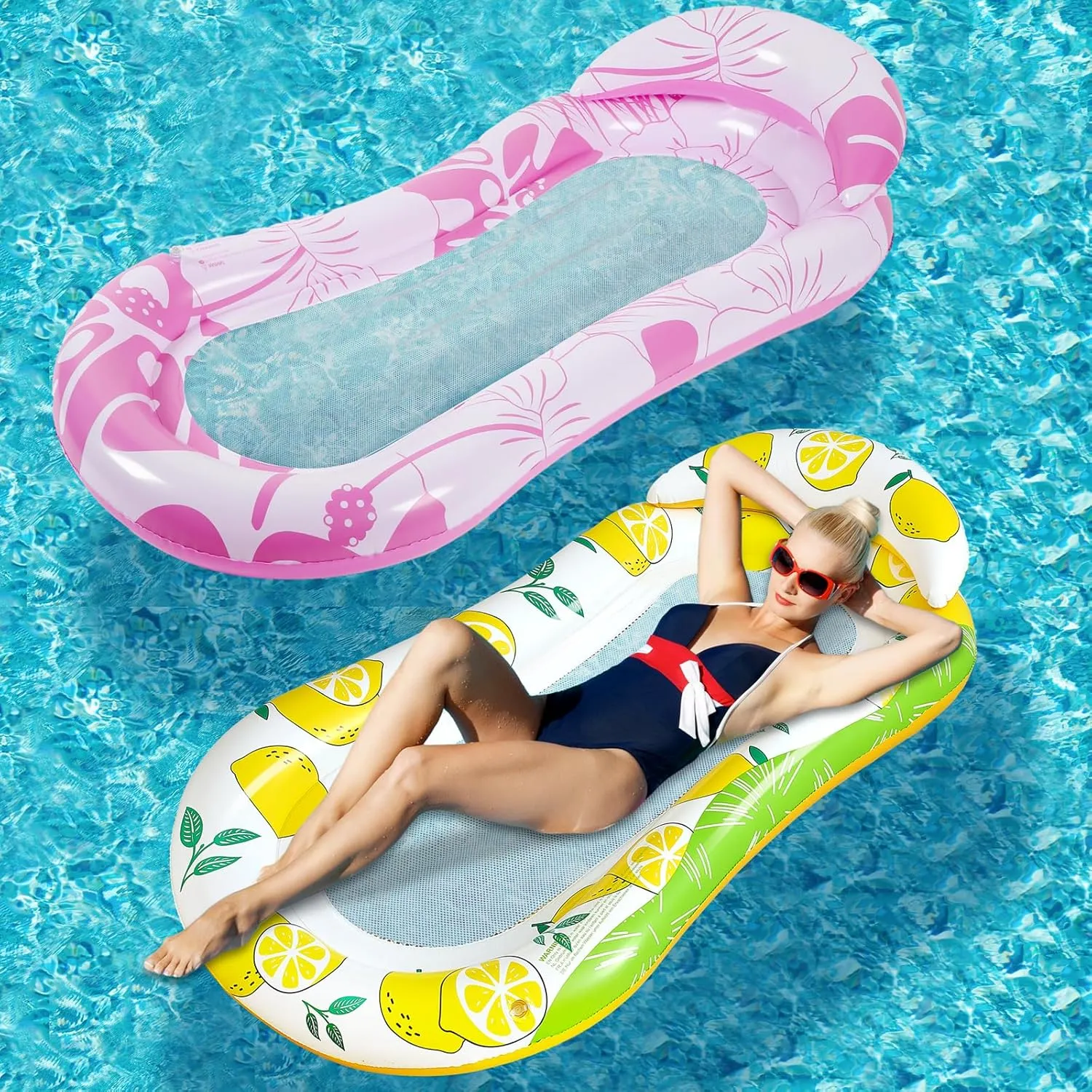 2 Pcs Inflatable Pool Float Mat Pool Floaties Rafts with Headrest Loungers Sun Tanning Floaty for Adult Cool Water Hammock Chair for Summer Swimming Pool Lake Beach Party Toys